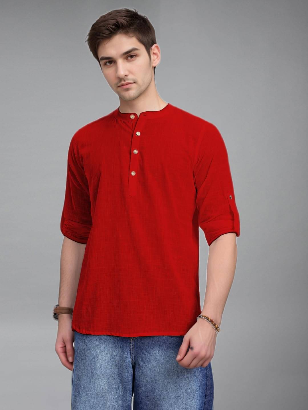     			KNOWTED Red Cotton Blend Men's Shirt Style Kurta ( Pack of 1 )