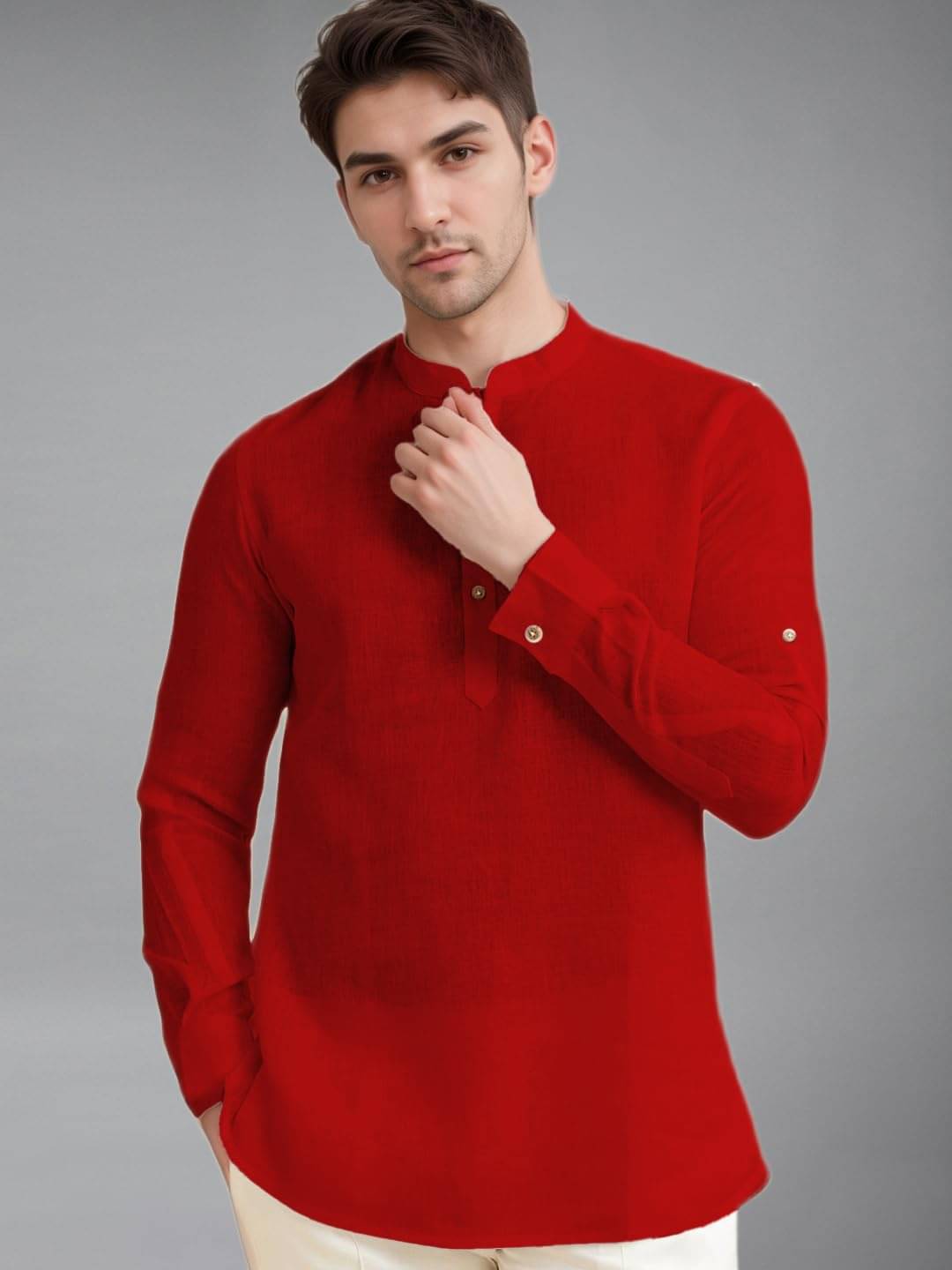     			KNOWTED Red Cotton Blend Men's Shirt Style Kurta ( Pack of 1 )