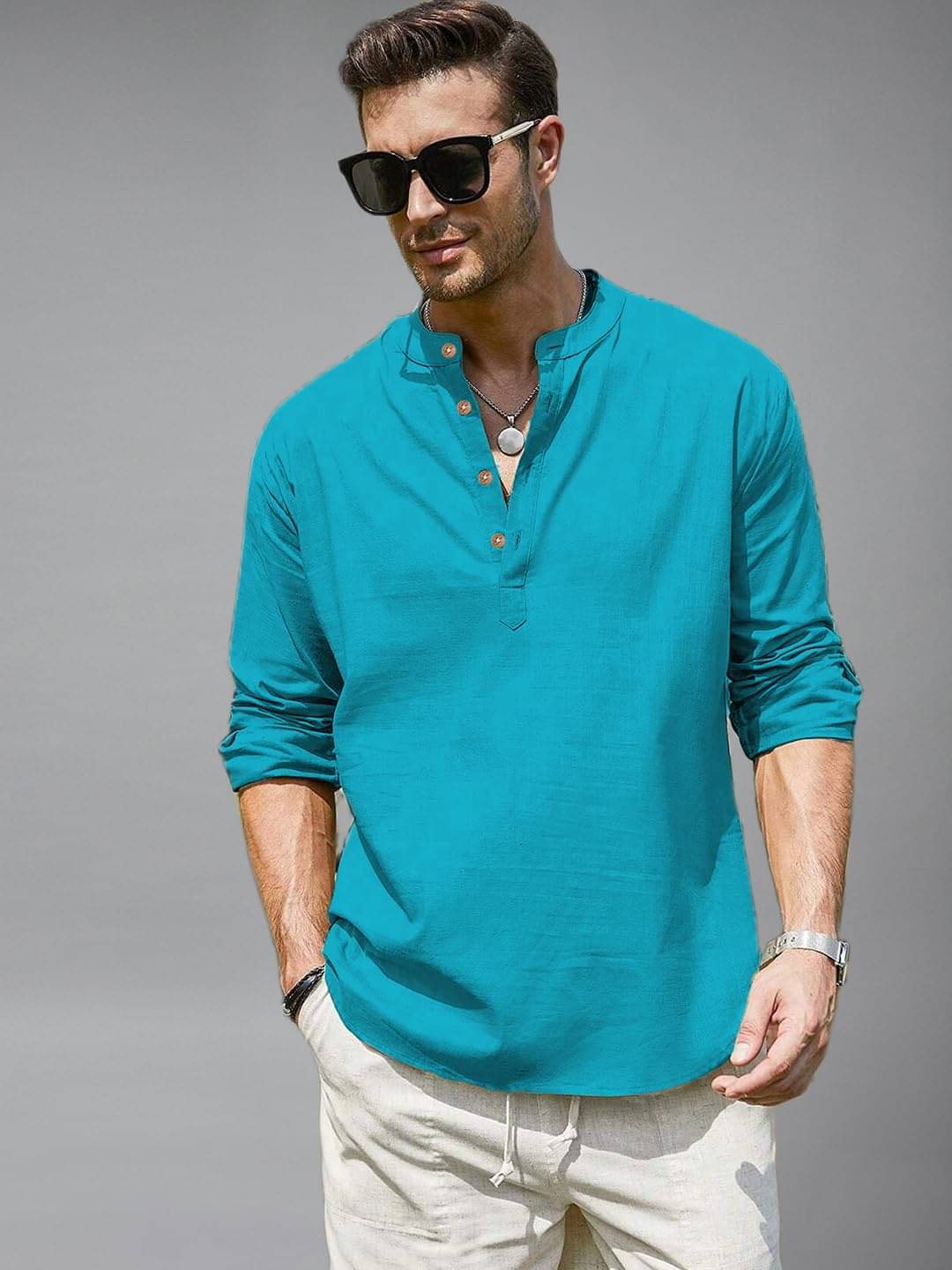     			KNOWTED Turquoise Cotton Blend Men's Shirt Style Kurta ( Pack of 1 )