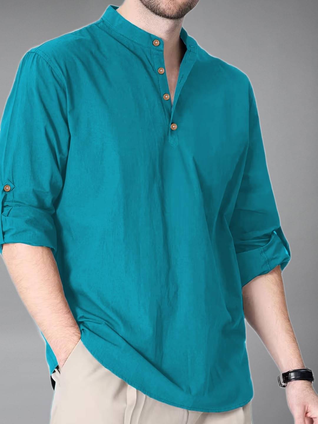     			KNOWTED Turquoise Cotton Blend Men's Shirt Style Kurta ( Pack of 1 )