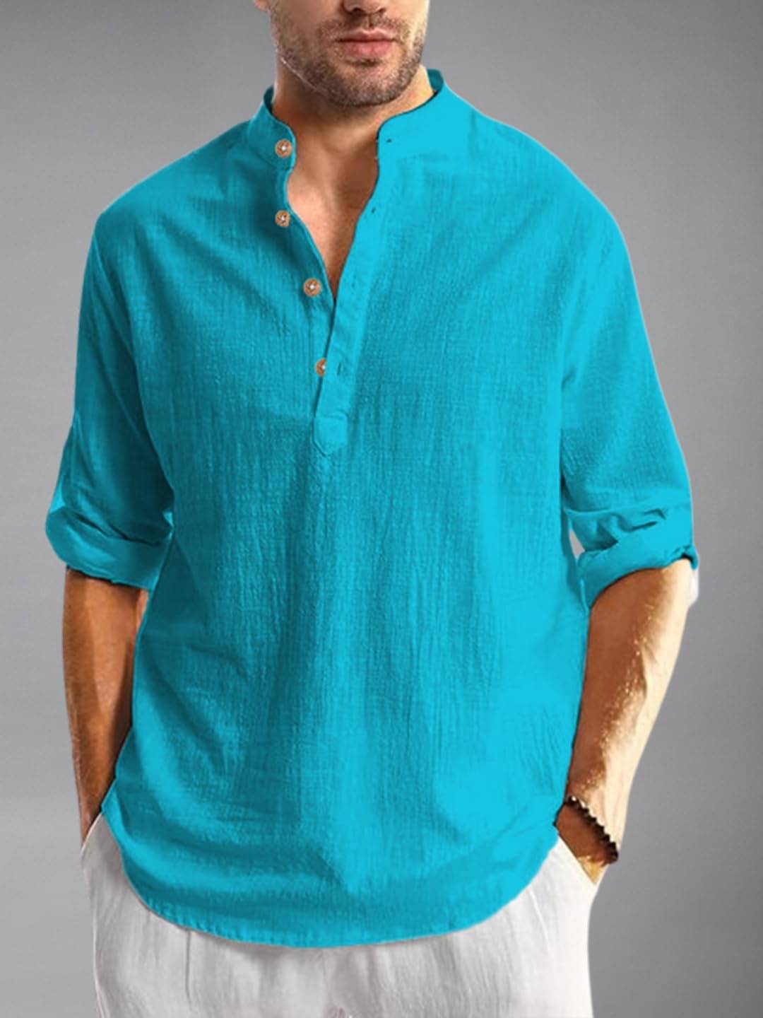     			KNOWTED Turquoise Cotton Blend Men's Shirt Style Kurta ( Pack of 1 )