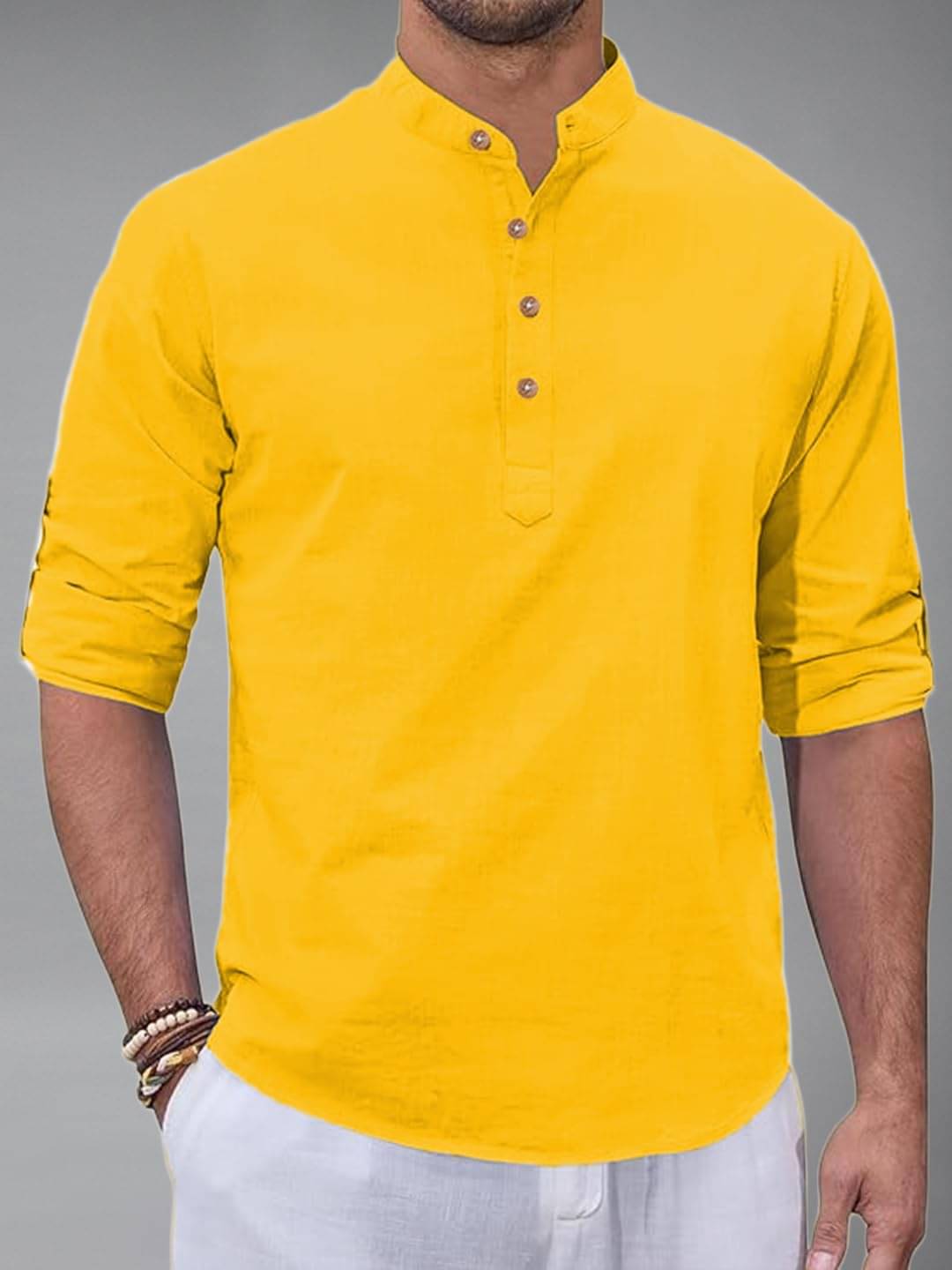     			KNOWTED Yellow Cotton Blend Men's Shirt Style Kurta ( Pack of 1 )