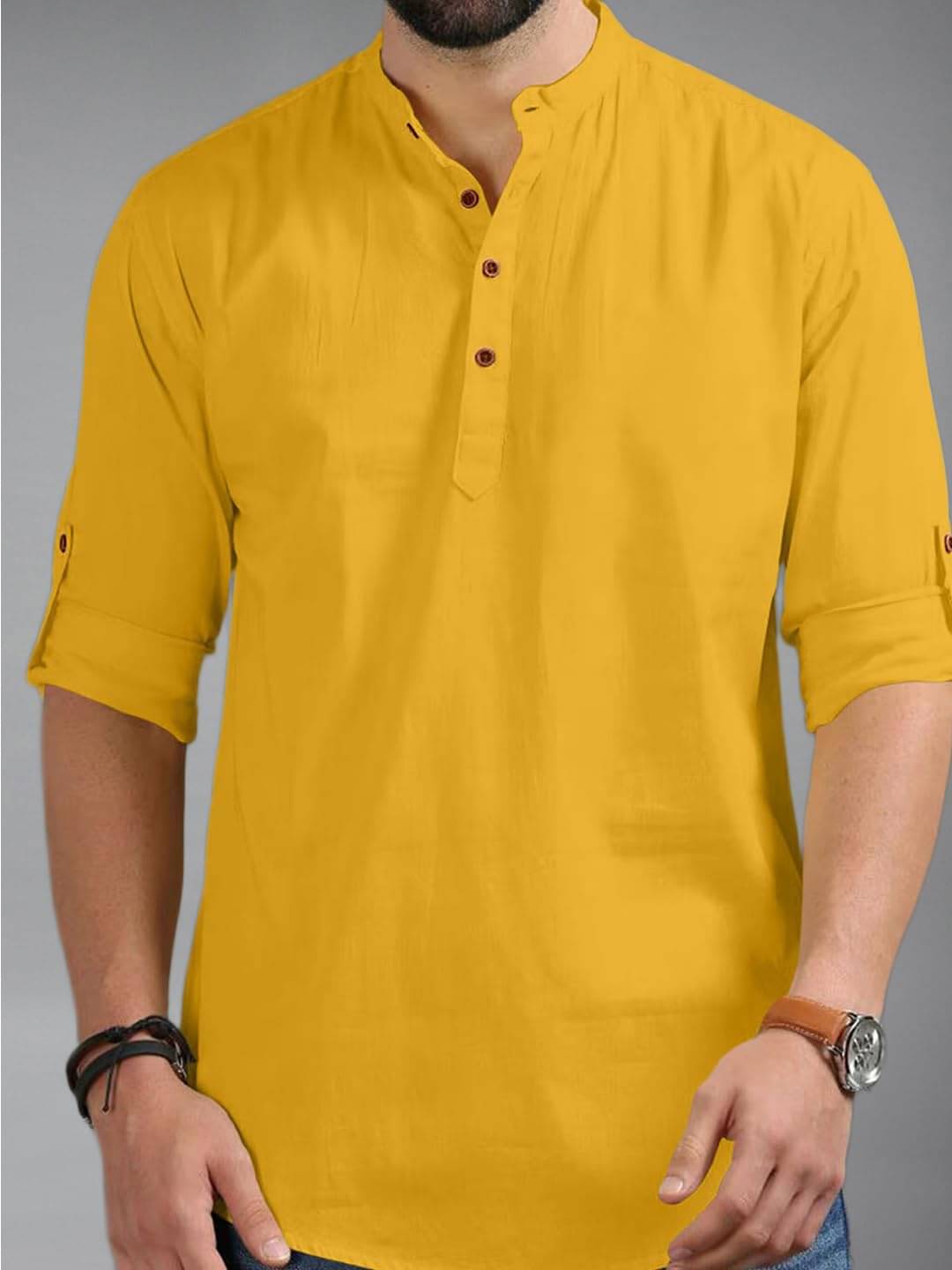     			KNOWTED Yellow Cotton Blend Men's Shirt Style Kurta ( Pack of 1 )
