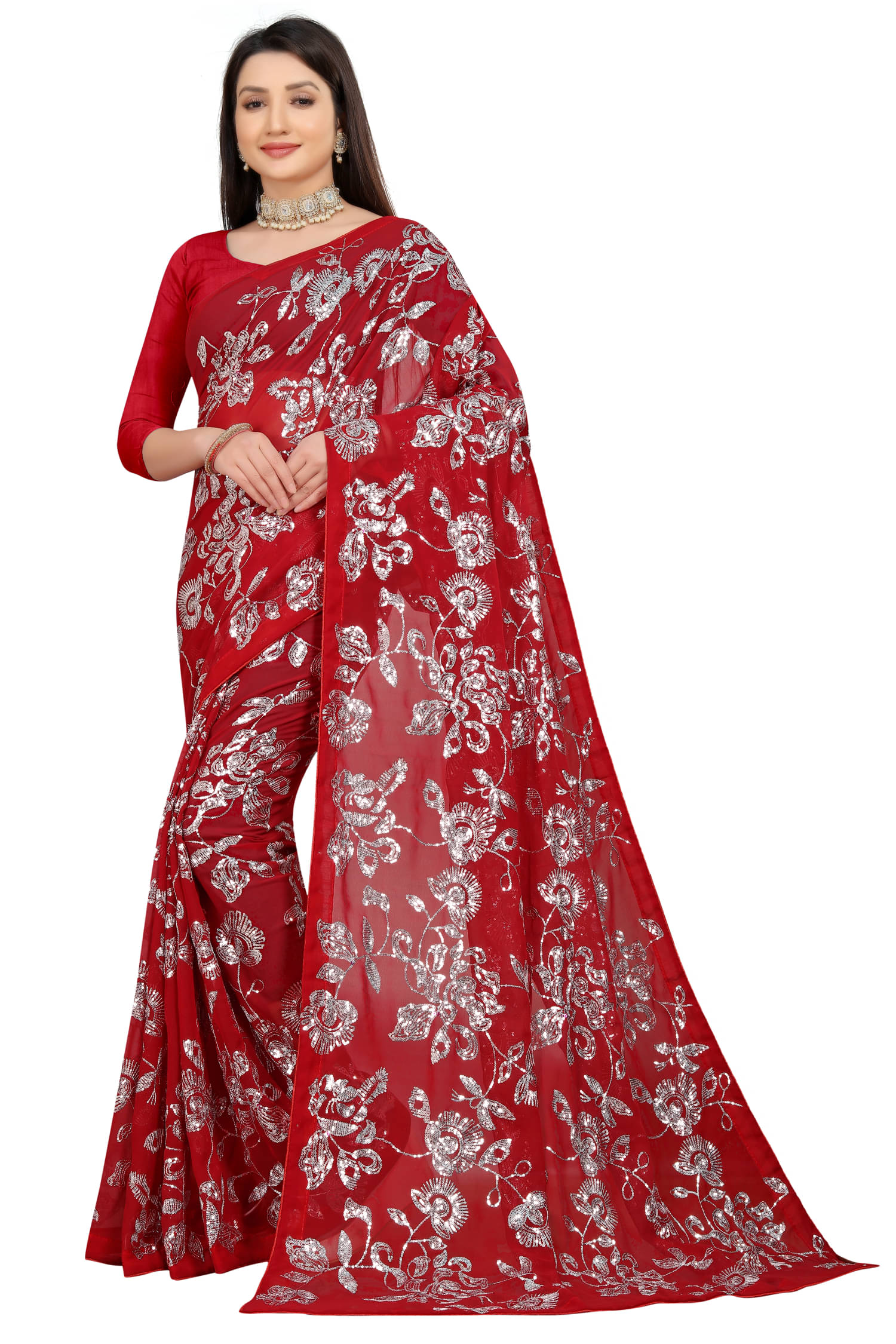     			KV Fashion Georgette Embroidered Regular Saree With Unstitched Blouse Piece ( Red )
