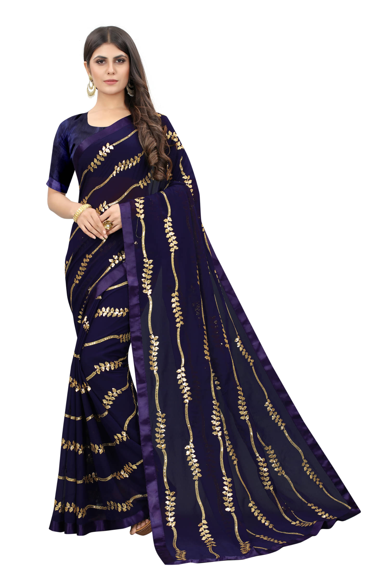     			KV Fashion Georgette Embroidered Regular Saree With Unstitched Blouse Piece ( Navy Blue )