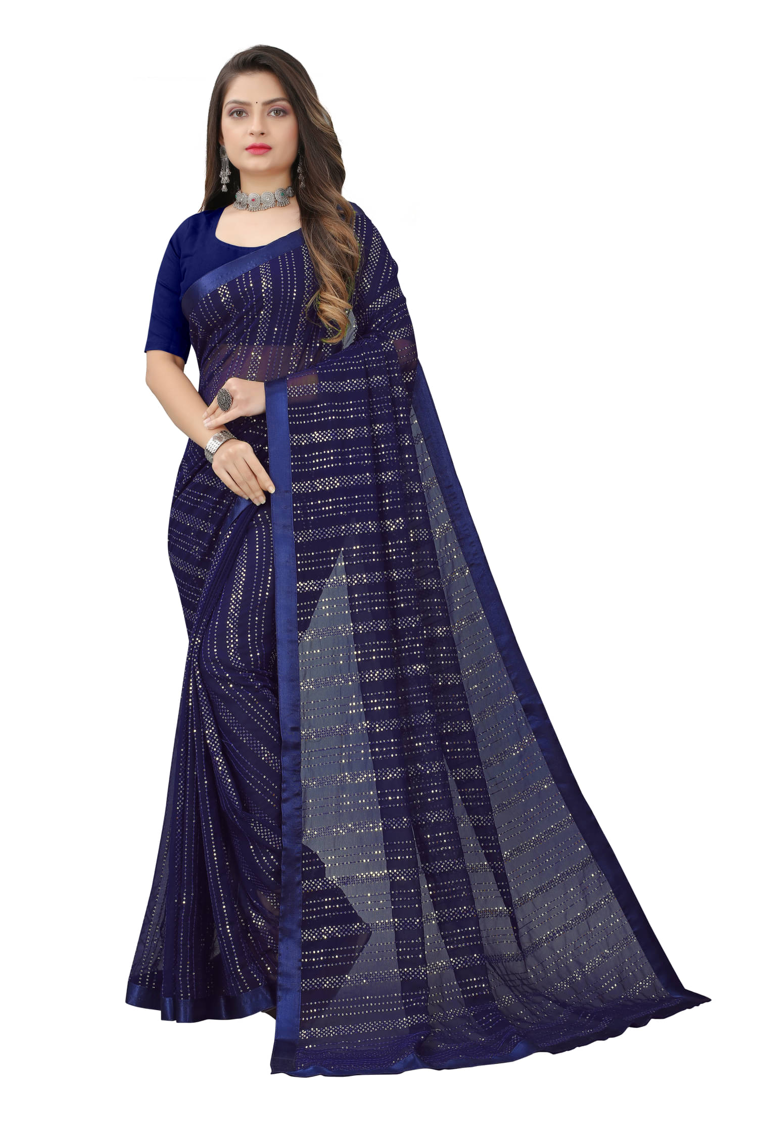 KV Fashion Georgette Embroidered Regular Saree With Unstitched Blouse Piece ( Navy Blue )     			KV Fashion Georgette Embroidered Regular Saree With Unstitched Blouse Piece ( Navy Blue )