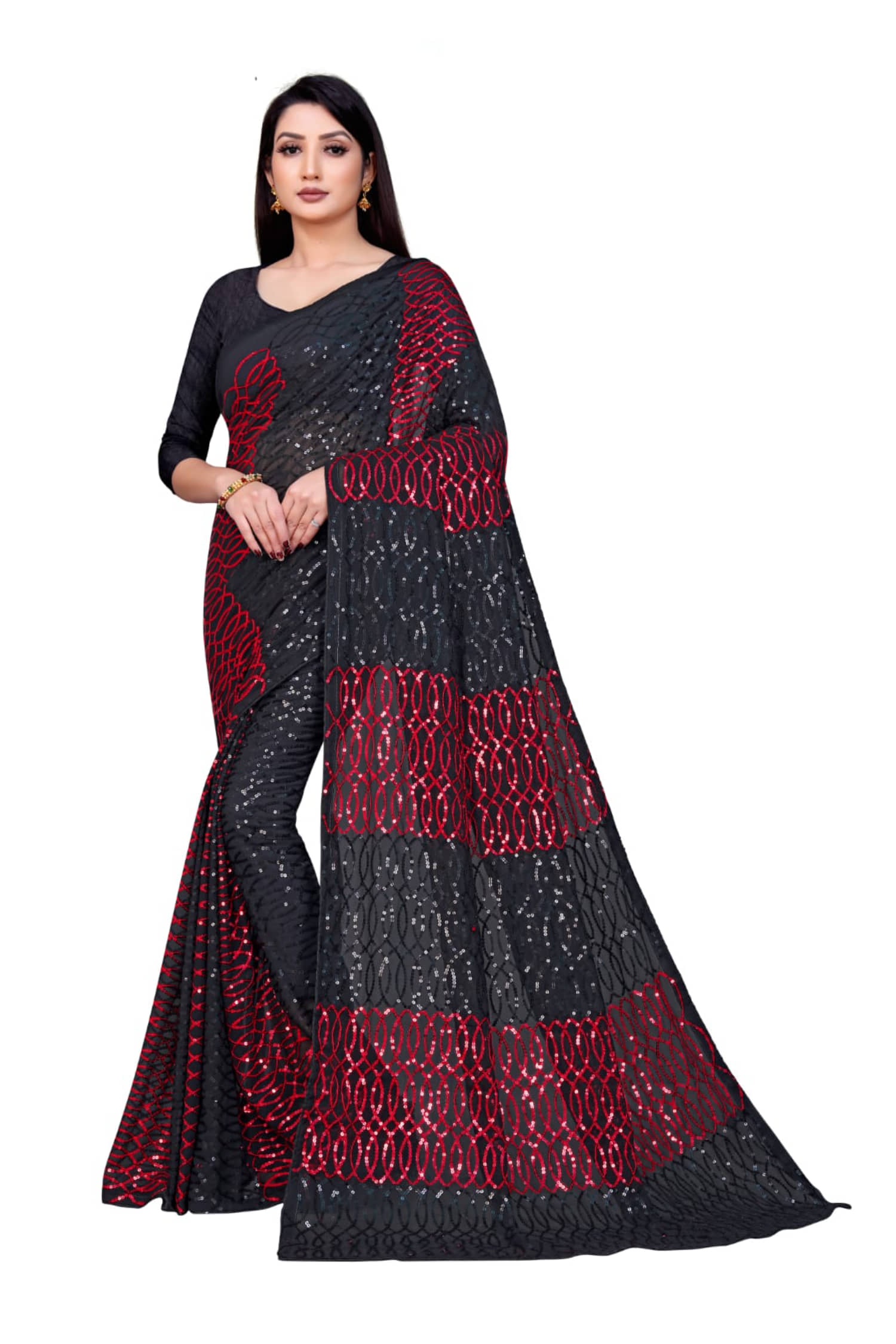 KV Fashion Georgette Embroidered Regular Saree With Unstitched Blouse Piece ( Red ) - Sarees | Buy online on ZillyBuy