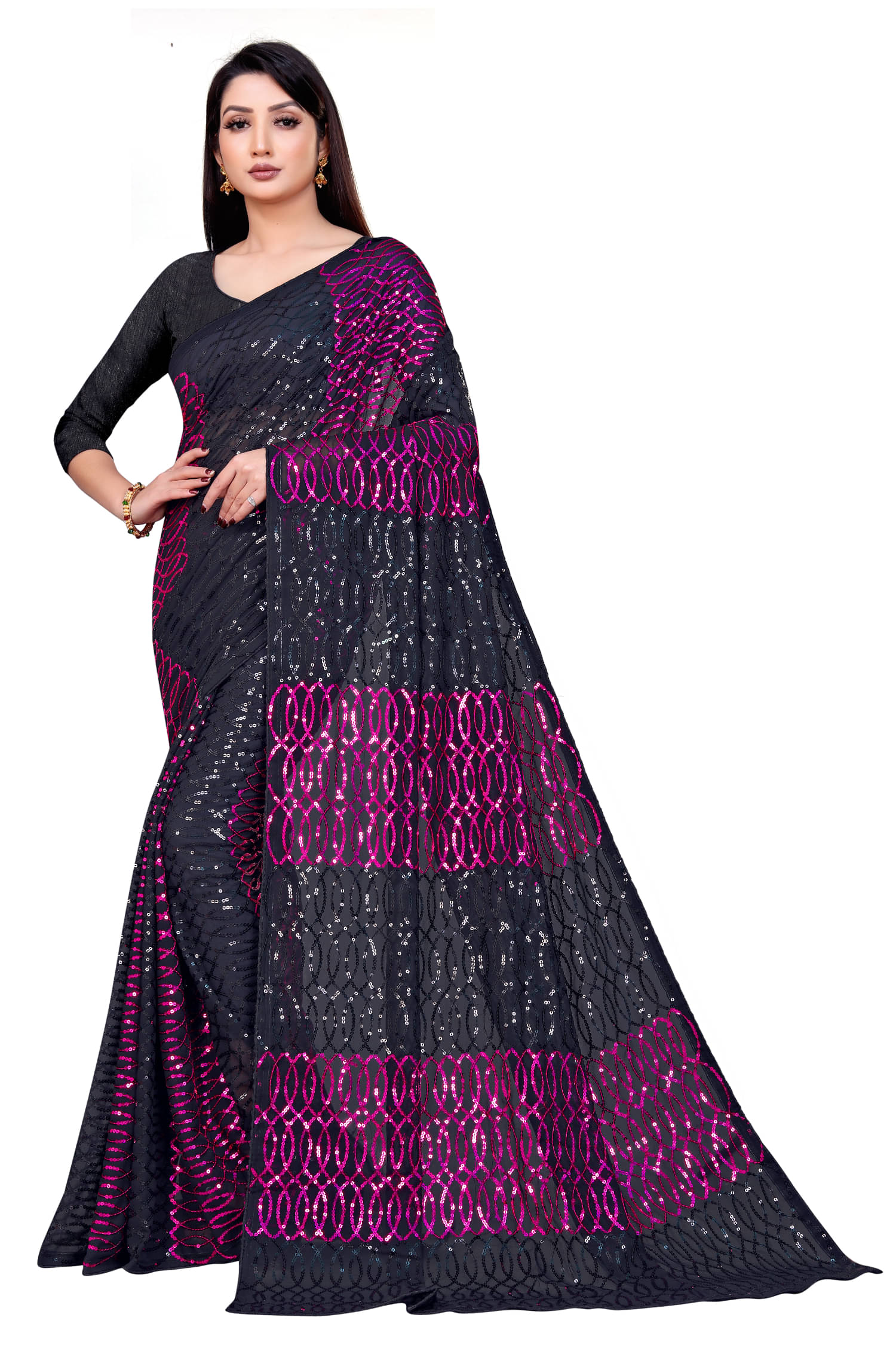     			KV Fashion Georgette Embroidered Regular Saree With Unstitched Blouse Piece ( Wine )