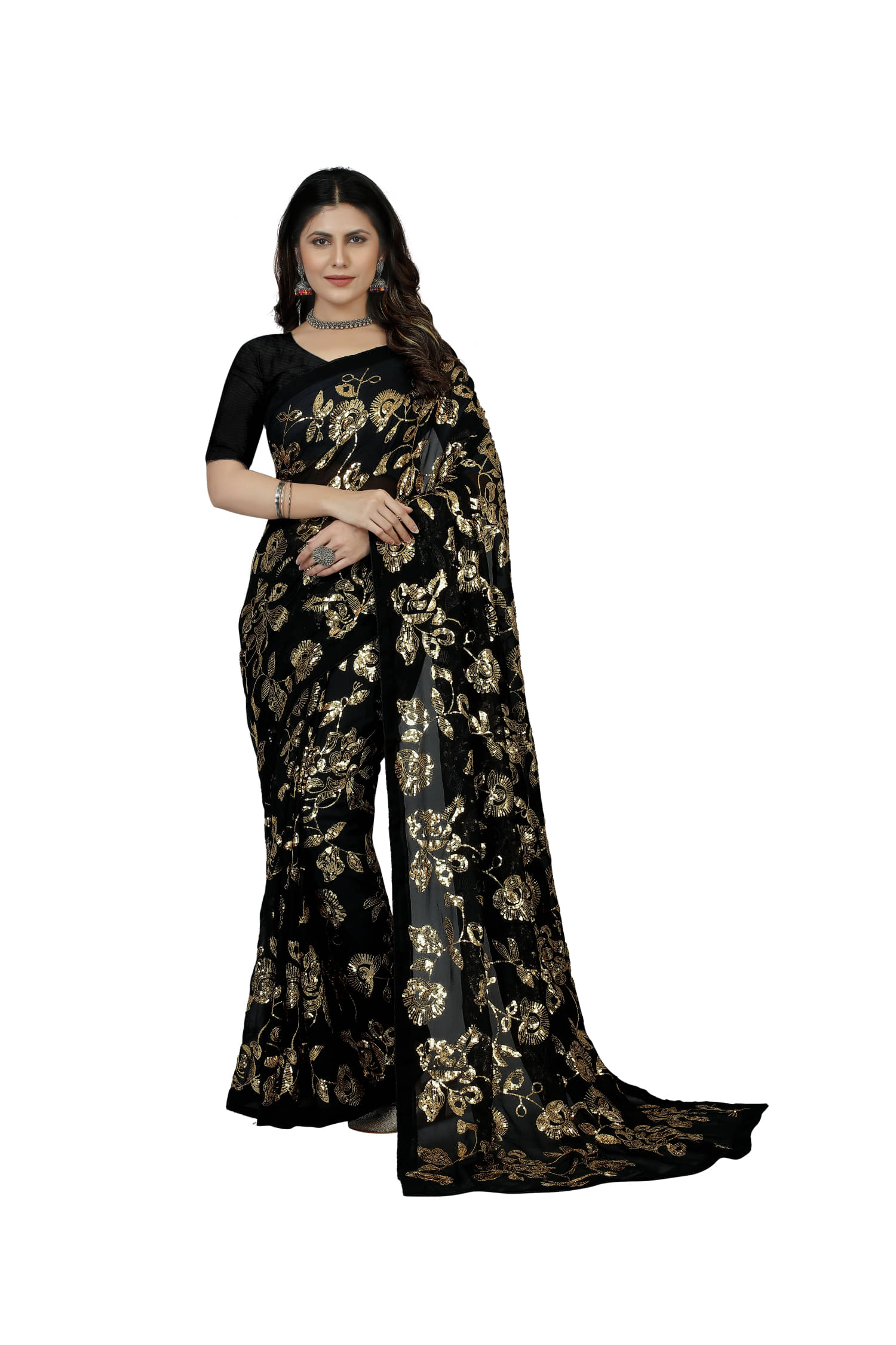     			KV Fashion Georgette Embroidered Regular Saree With Unstitched Blouse Piece ( Multicolor )