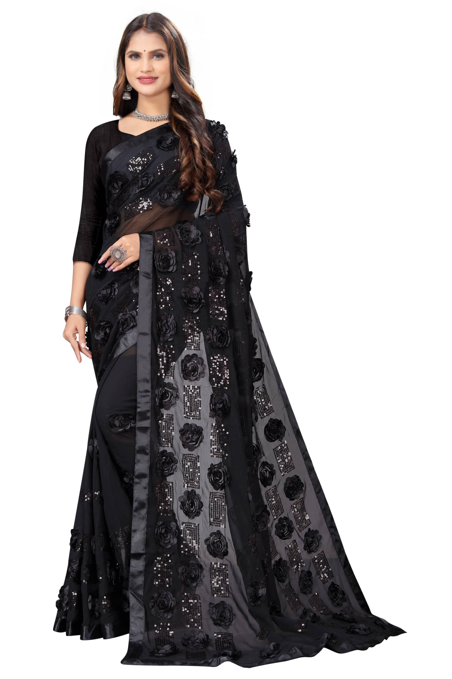     			KV Fashion Georgette Embroidered Regular Saree With Unstitched Blouse Piece ( Black )