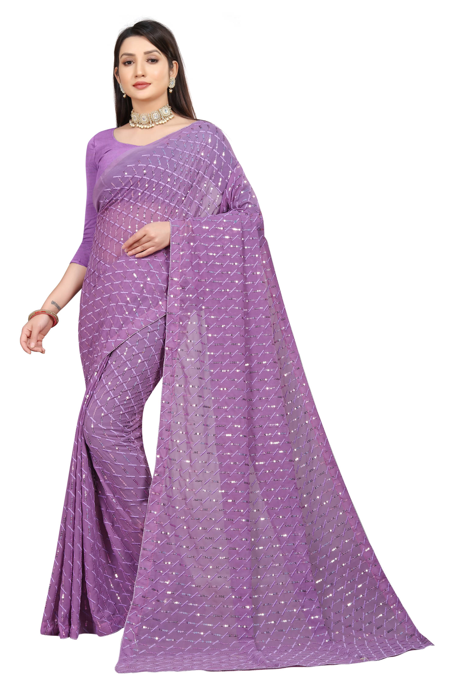     			KV Fashion Georgette Embroidered Regular Saree With Unstitched Blouse Piece ( Mauve )