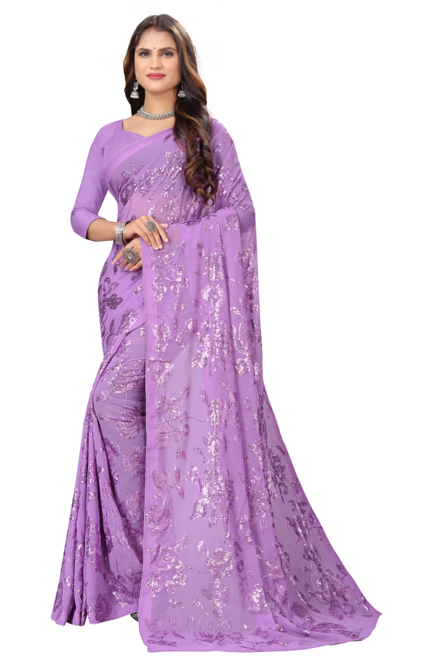     			KV Fashion Georgette Embroidered Regular Saree With Unstitched Blouse Piece ( Lavender )
