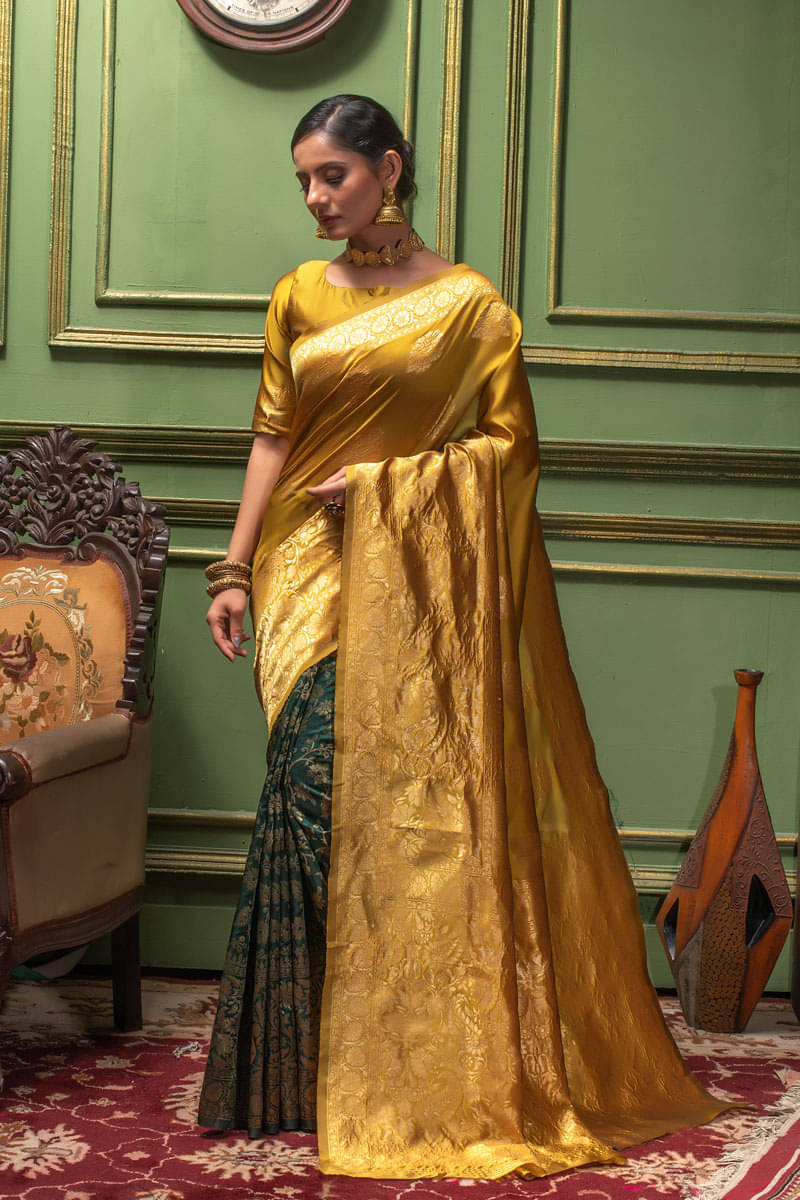     			Lilots Silk Blend Self Design Regular Saree With Unstitched Blouse Piece ( Mustard )