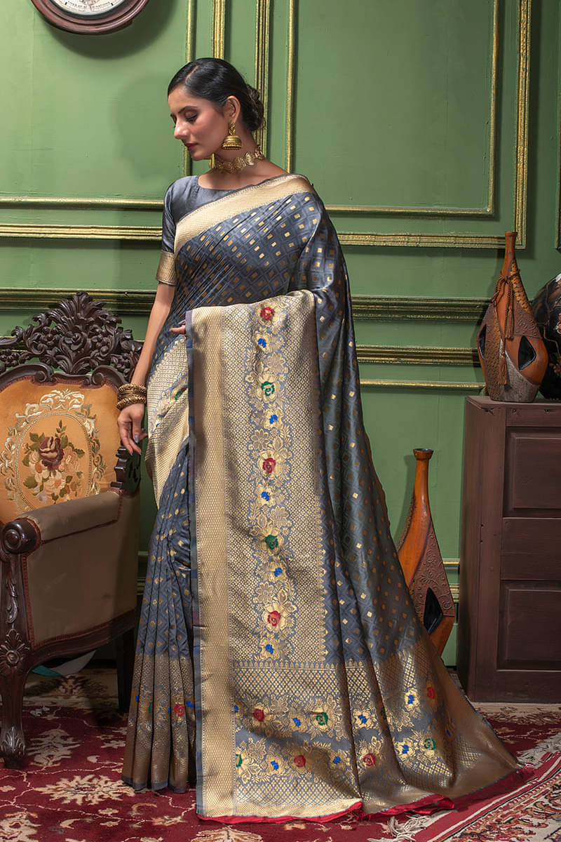     			Lilots Silk Blend Self Design Regular Saree With Unstitched Blouse Piece ( Grey )