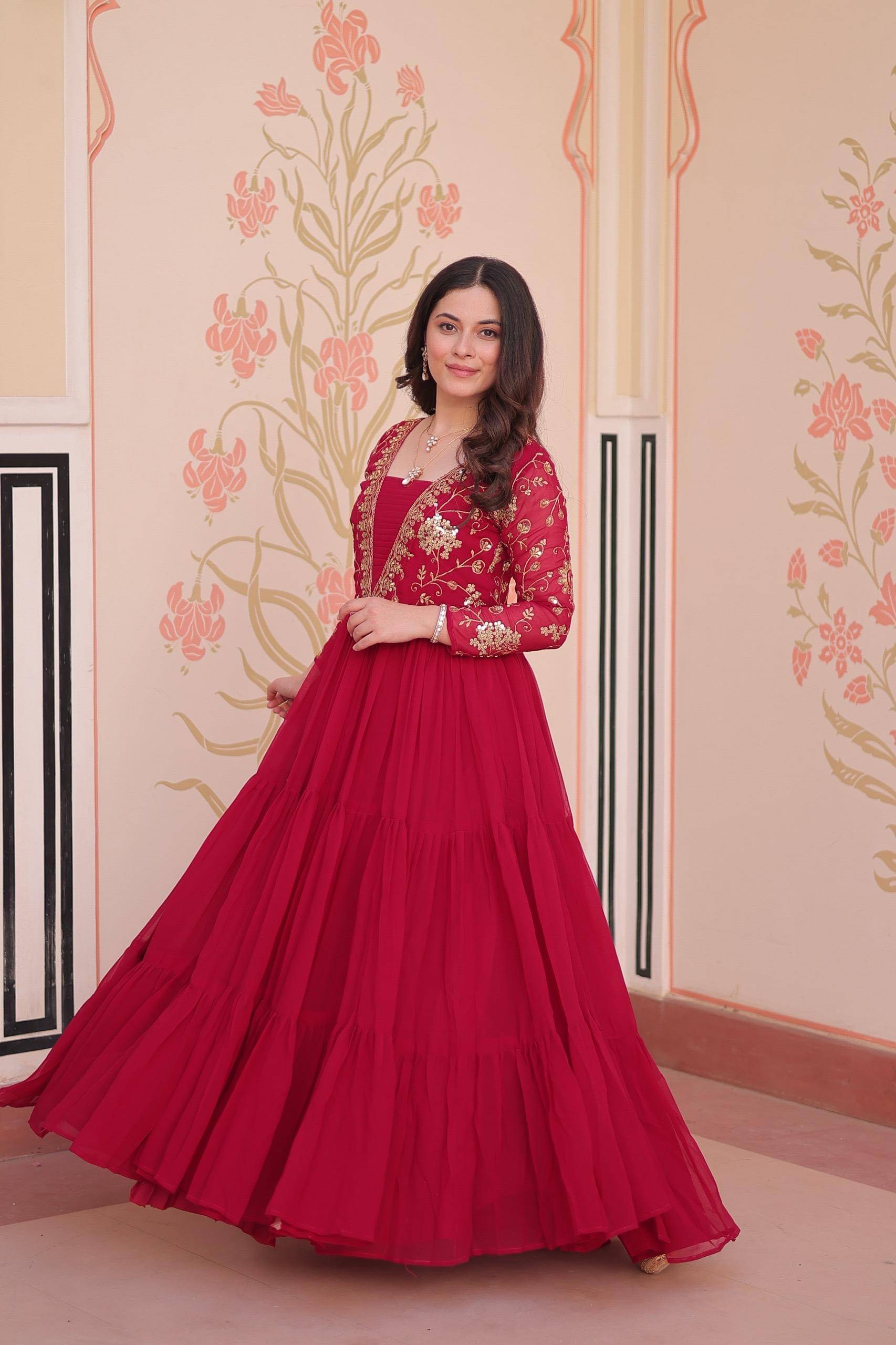     			Maa Enterprise Women Georgette Flared Stitched Ethnic Gown ( Pink )