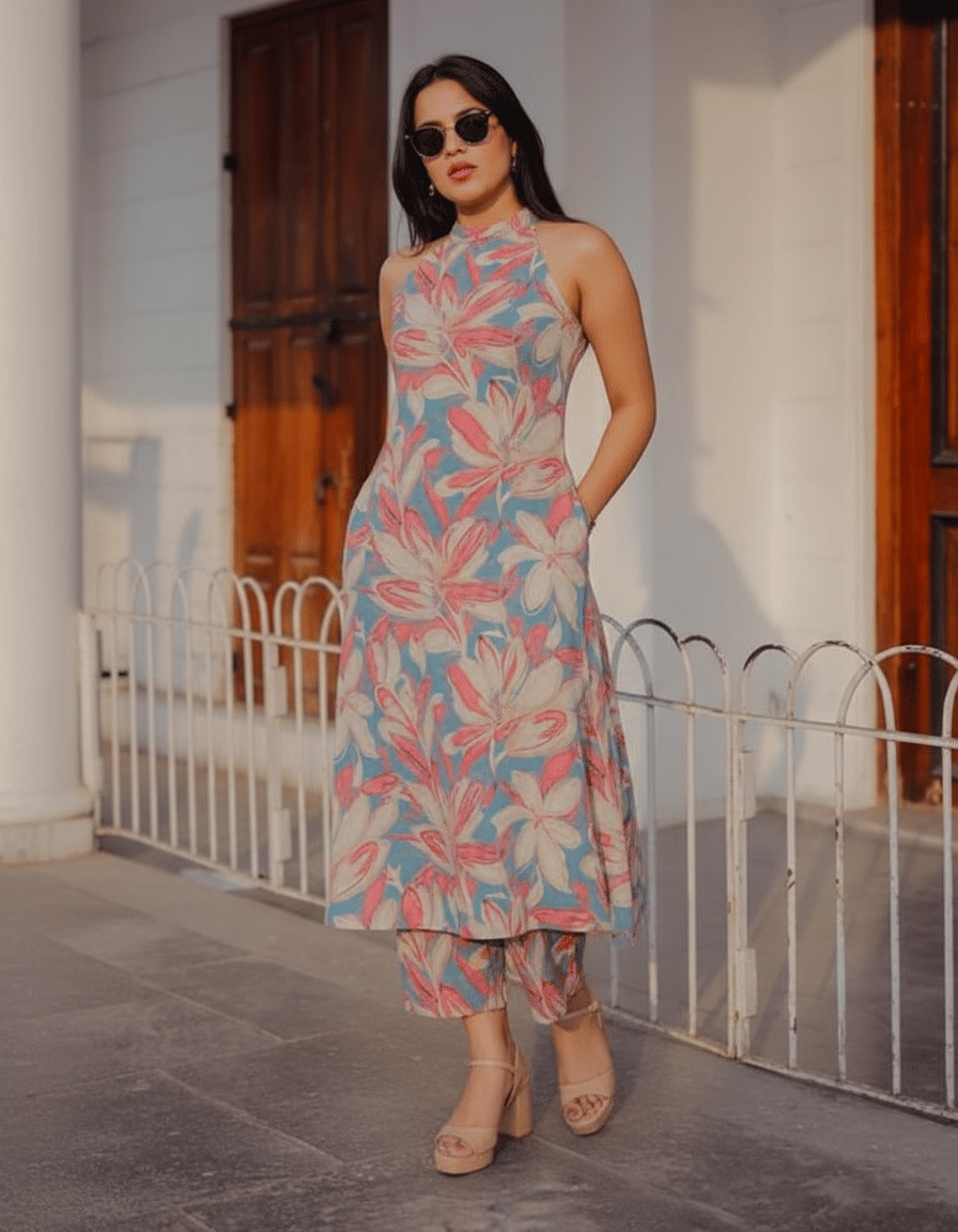     			Nirja Creation Women Cotton Blend Printed A-line Kurti With Pants ( Light Blue )