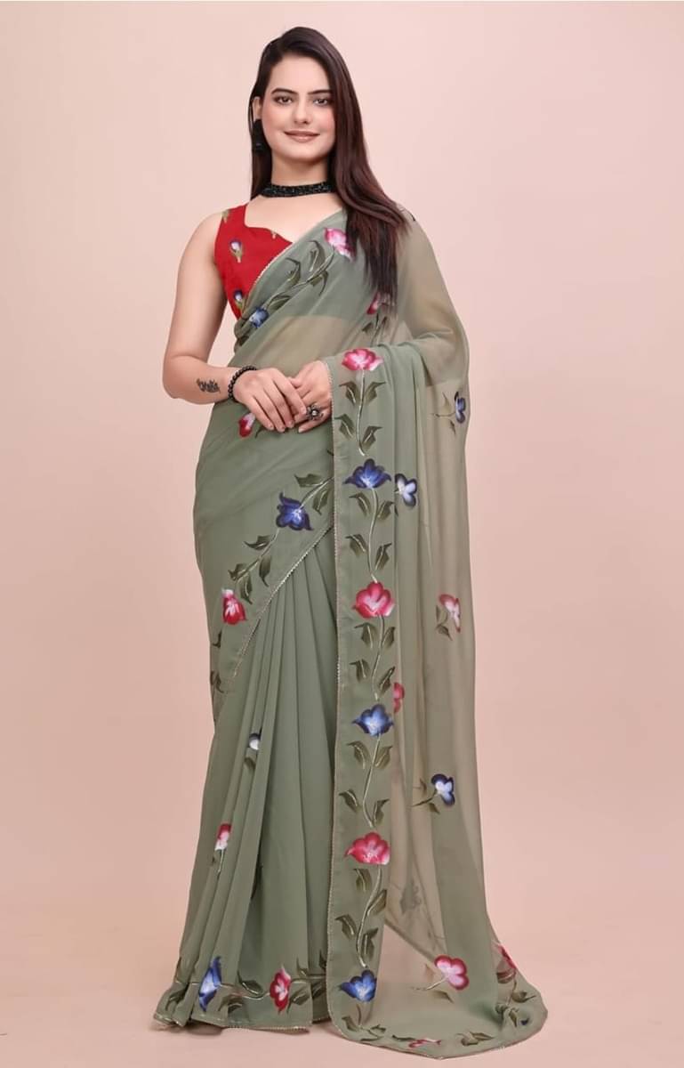     			No Georgette Printed Regular Saree With Unstitched Blouse Piece ( Lime Green )
