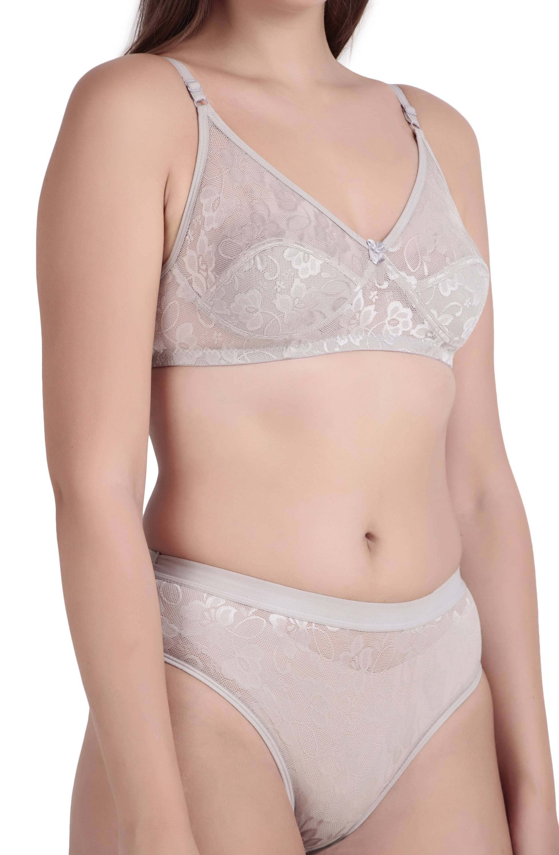     			Piylu Net/Mesh Non Padded Bra & Panty Set ( Light Grey , Pack of 1 )