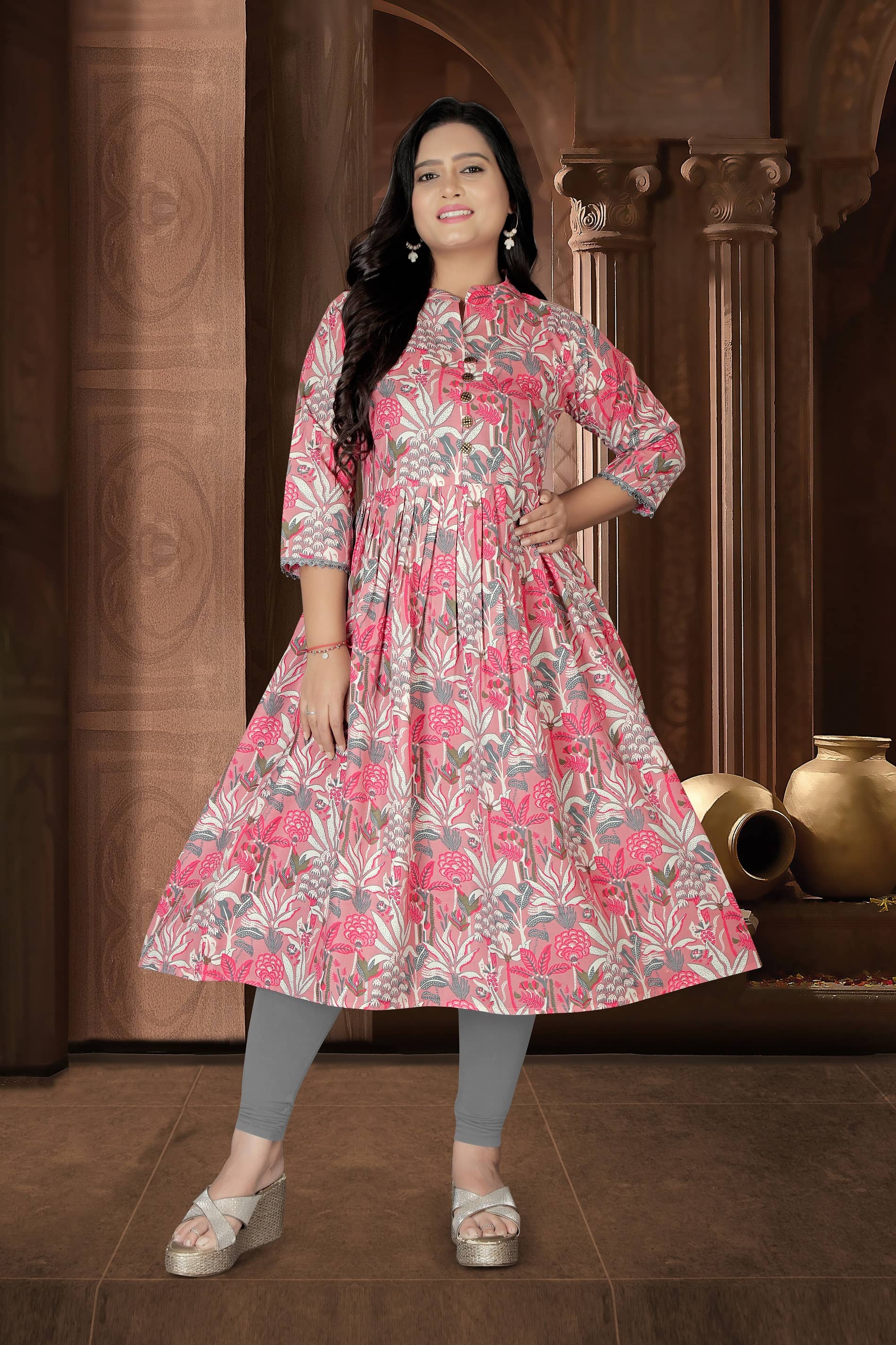 RIAANA Women Cotton Printed Anarkali Kurti ( Pink ) - Kurtis, Tunics | Buy online on ZillyBuy