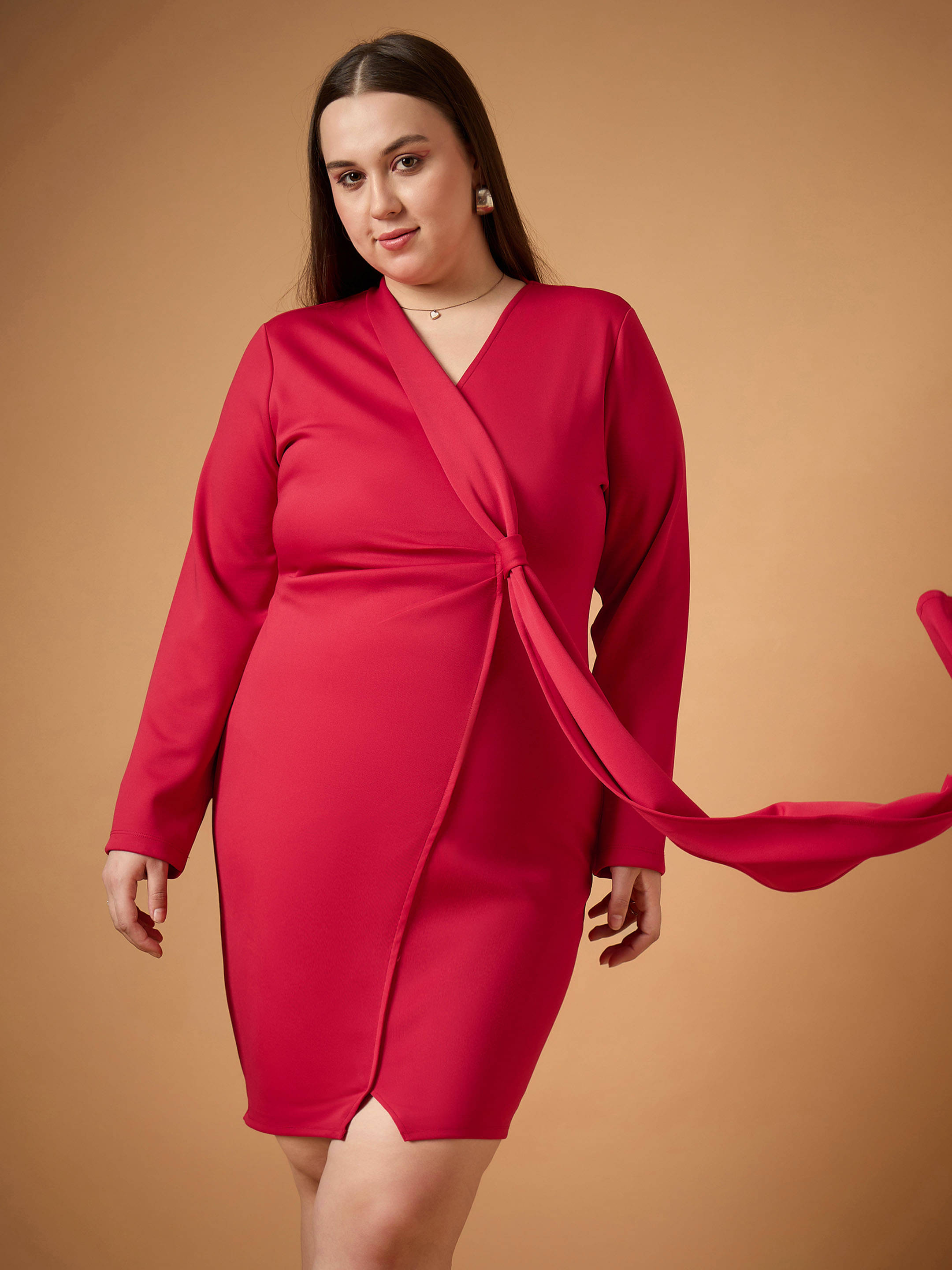SASSAFRAS Curve Women Polyester Blend Bodycon Dress ( Red ) SASSAFRAS Curve Women Polyester Blend Bodycon Dress ( Red )