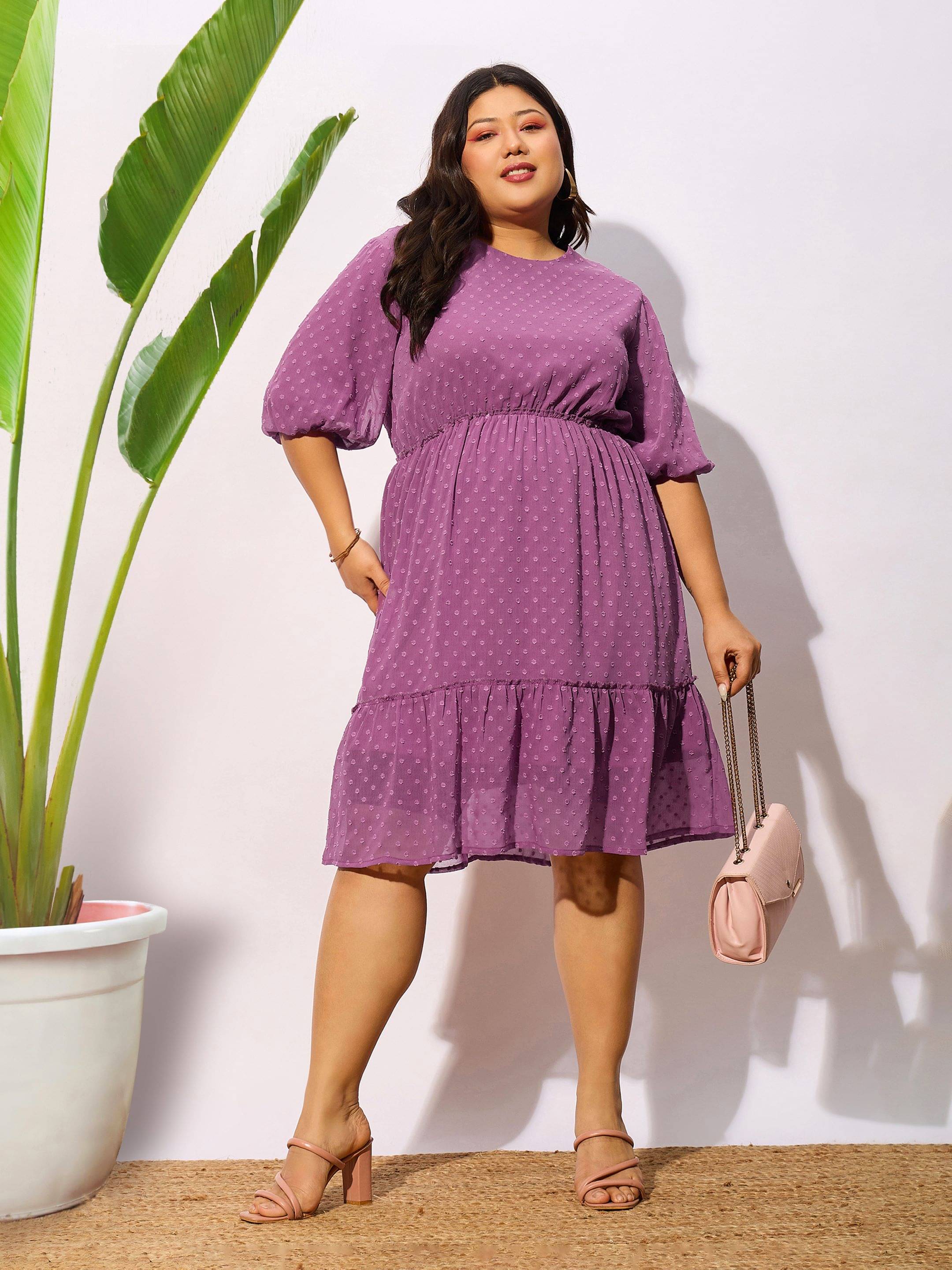 SASSAFRAS Curve Women Polyester Skater Dress ( Purple ) SASSAFRAS Curve Women Polyester Skater Dress ( Purple )