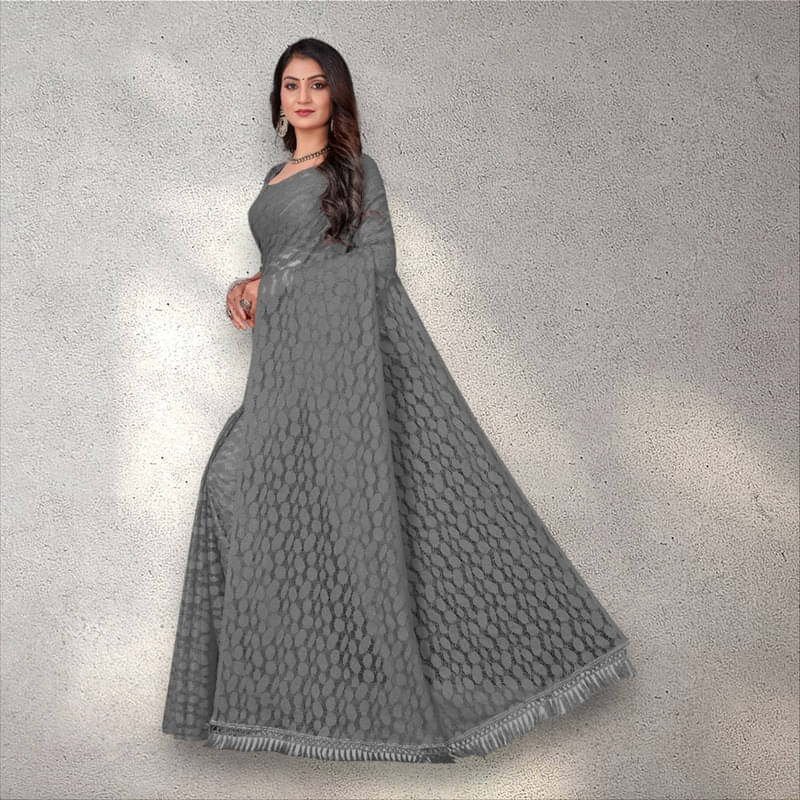    			SHRINGAARA Net Self Design Regular Saree With Unstitched Blouse Piece ( Grey )