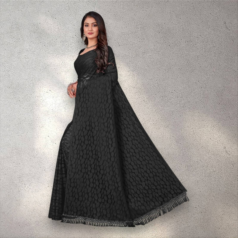     			SHRINGAARA Net Self Design Regular Saree With Unstitched Blouse Piece ( Black )