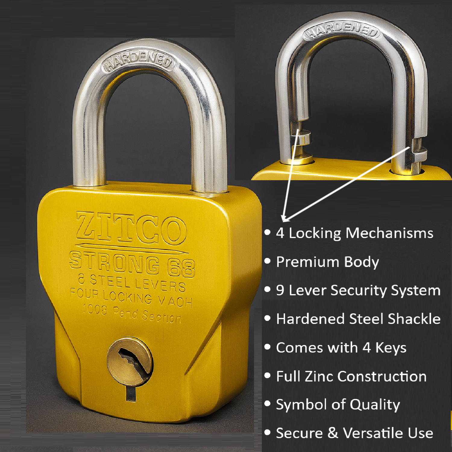     			Unikkus Zitco Premium 68 MM Padlock for home shop room and multipurpose| 9 Lever Security Lock with 4 Keys & Hardened Shackle | Heavy Duty Zinc Body for Home, Gate & Shutter