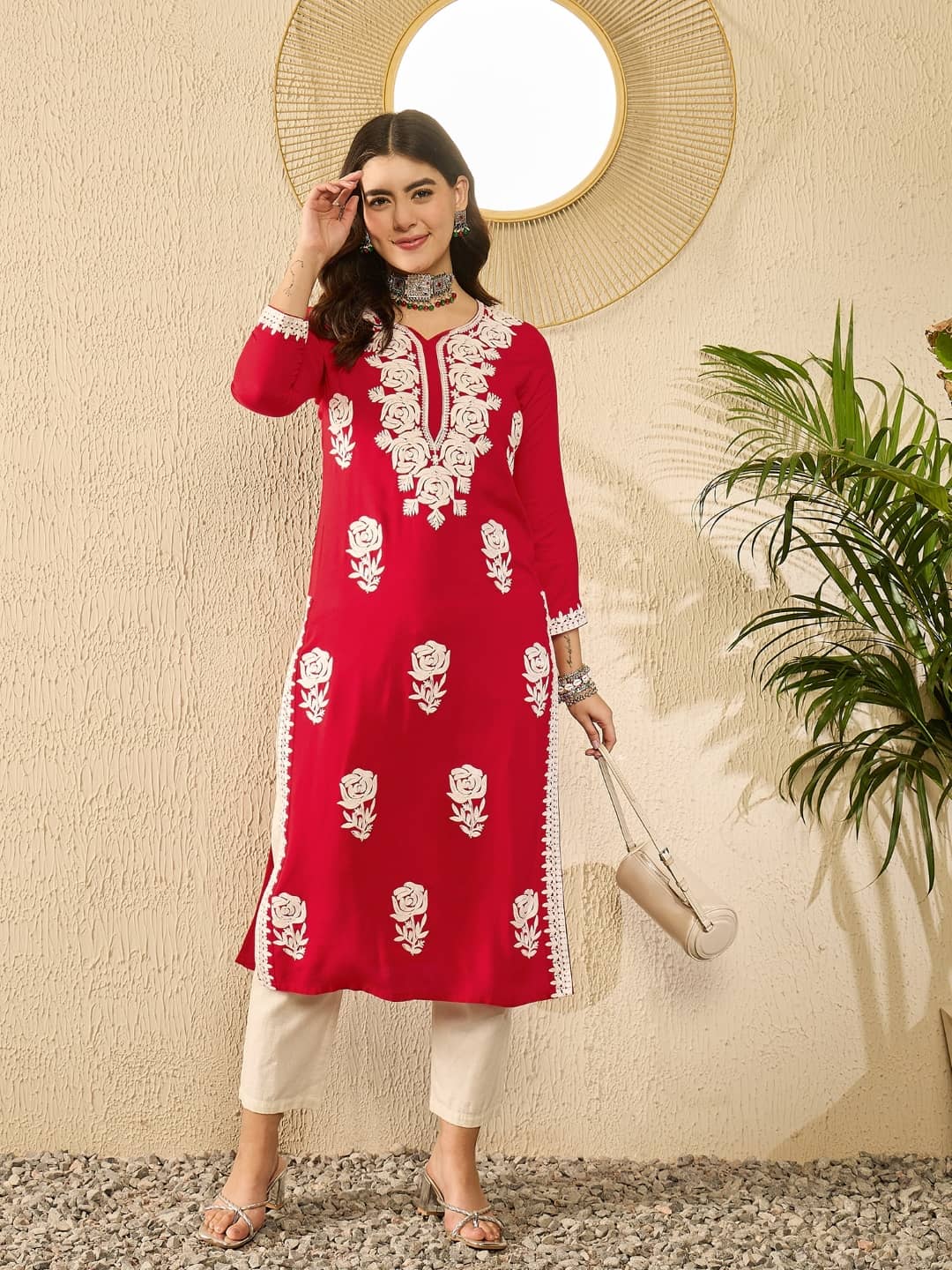 Vaamsi Women Viscose Rayon Embroidered Straight Kurti ( Red ) - Kurtis, Tunics | Buy online on ZillyBuy