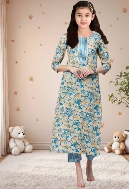     			Vetrokart Girls Cotton Blend Kurti with Pants ( Pack of 1 , Blue )