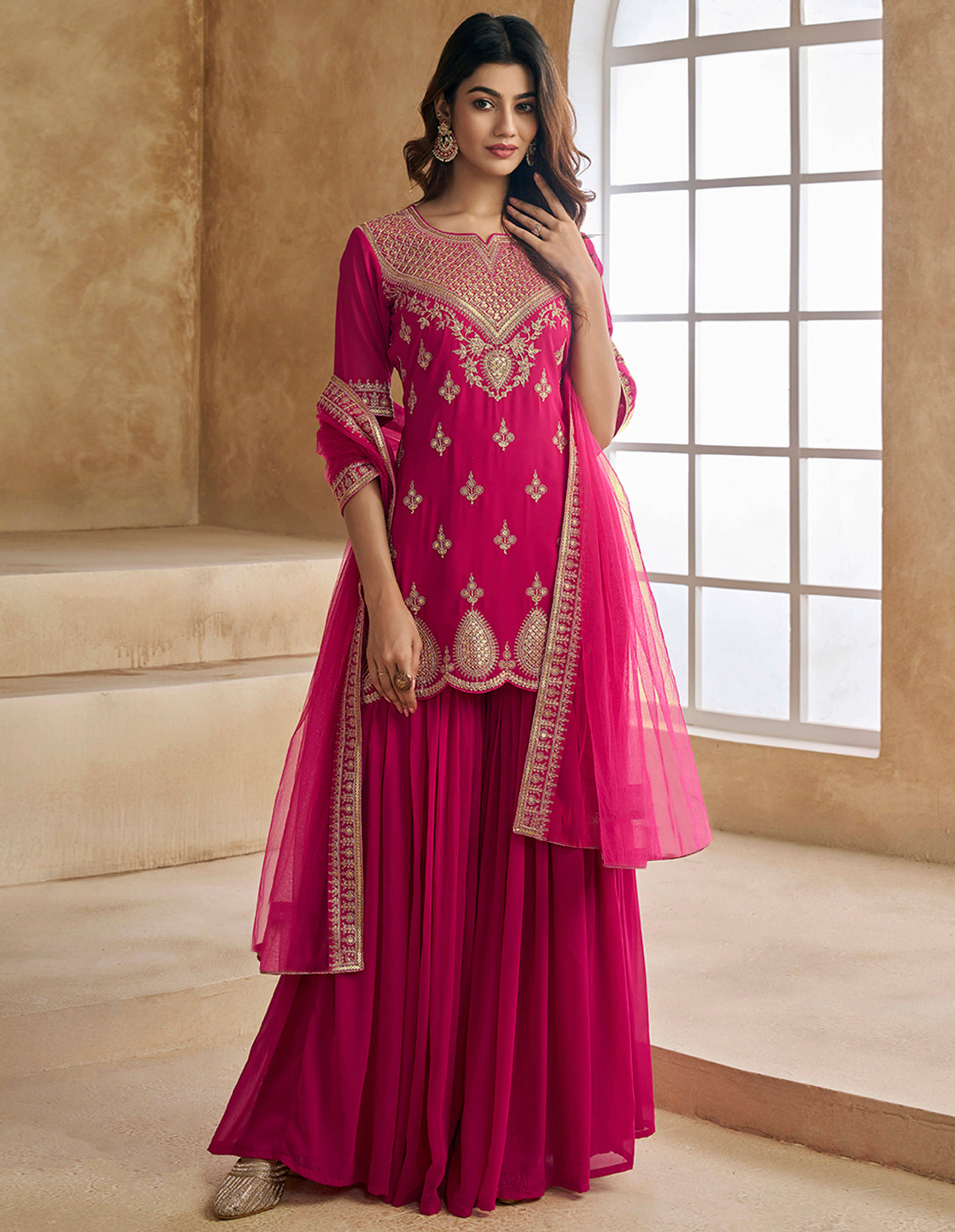 kedar fab Women Georgette Embroidered Straight Kurti With Sharara And Gharara ( Pink )