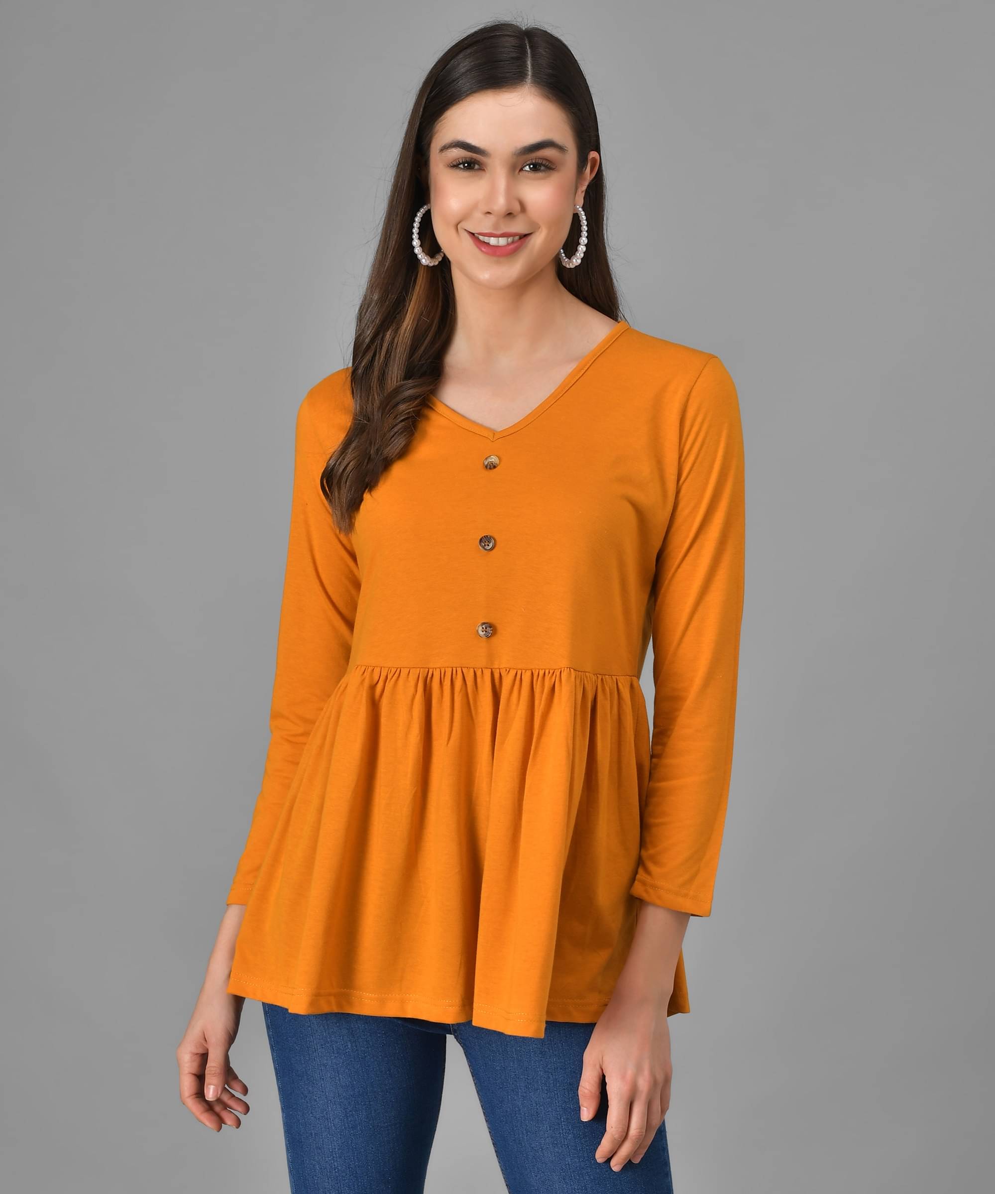 vivient Women's Cotton Blend Peplum Top ( Mustard )     			vivient Women's Cotton Blend Peplum Top ( Mustard )