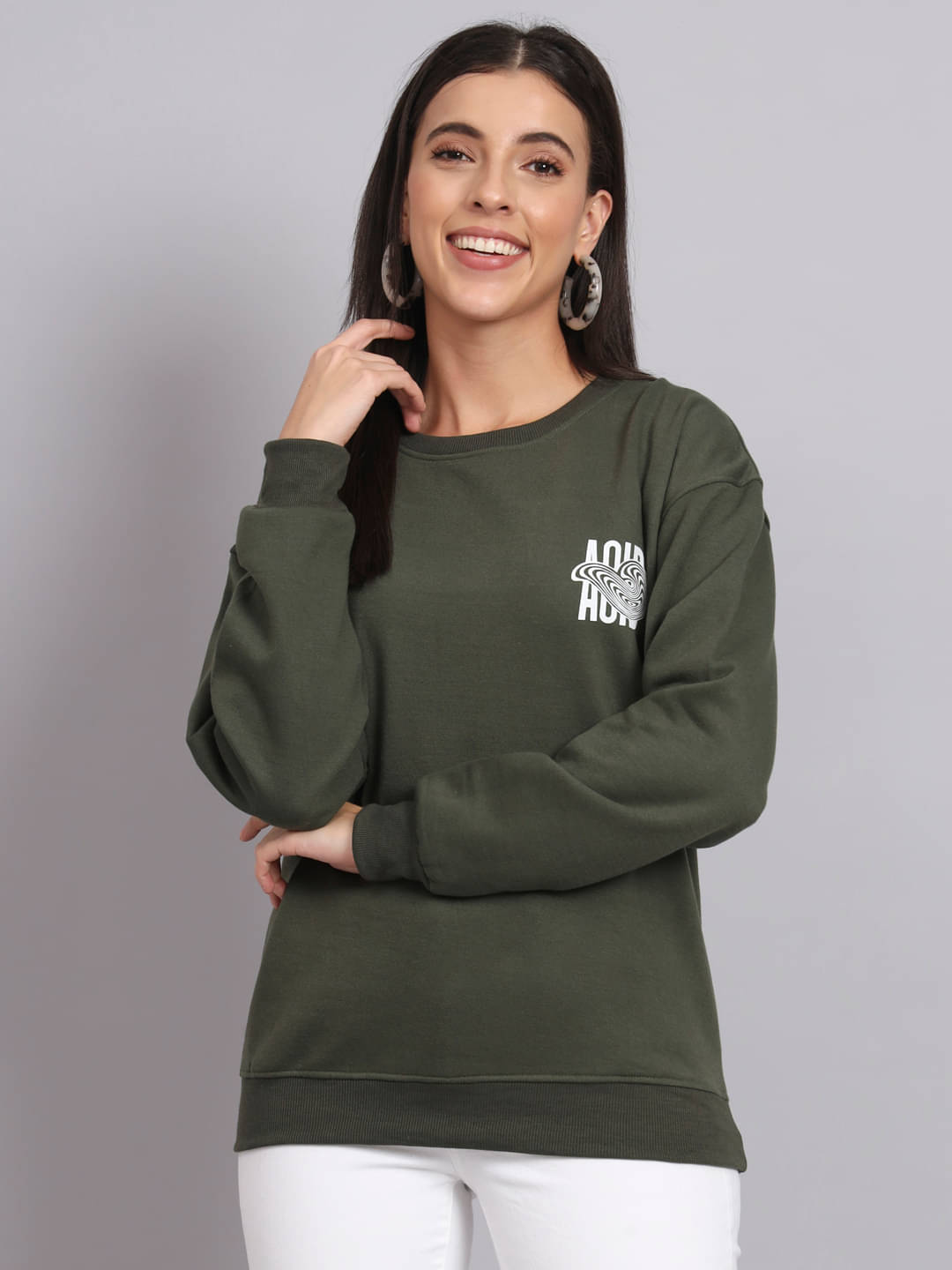 7 ISLANDS Women Fleece Round Neck Sweatshirt ( Olive ) 7 ISLANDS Women Fleece Round Neck Sweatshirt ( Olive )