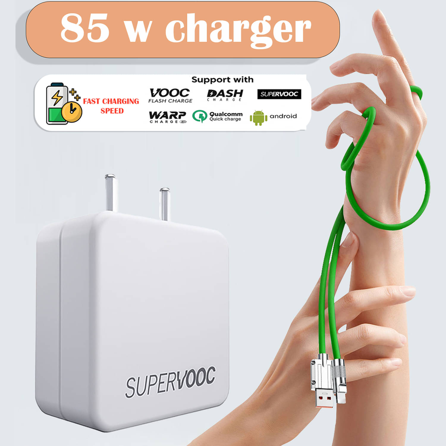     			85W SuperVOOC Fast Charger with Type-C Cable, Compatible with VOOC, DASH, WARP, Qualcomm Quick Charge & Android Smartphones, High-Speed Power Adapter for Rapid, Safe & Reliable Charging Anywhere