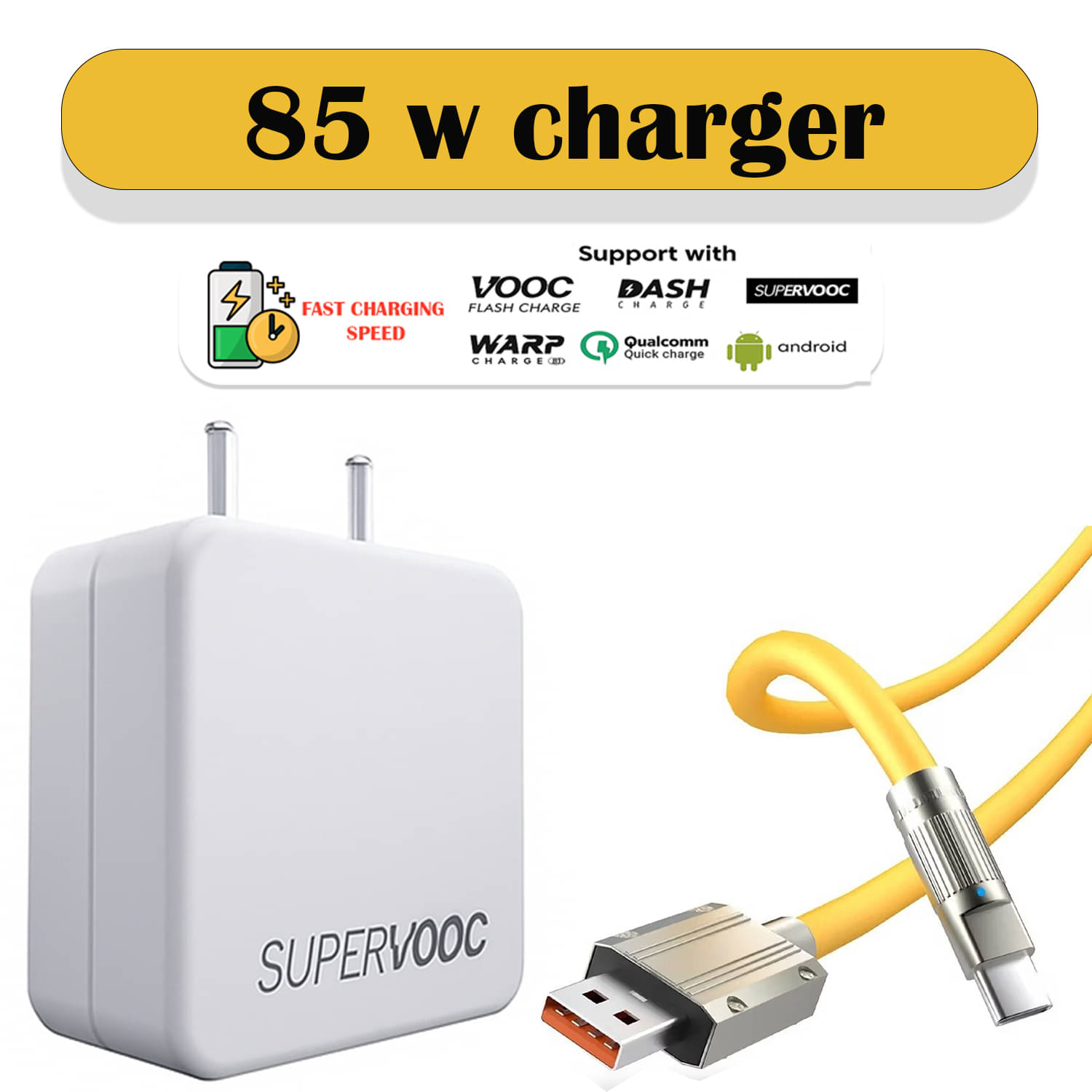     			85W SuperVOOC Fast Charger with Type-C Cable, Compatible with VOOC, DASH, WARP, Qualcomm Quick Charge & Android Smartphones, High-Speed Power Adapter for Rapid, Safe & Reliable Charging Anywhere