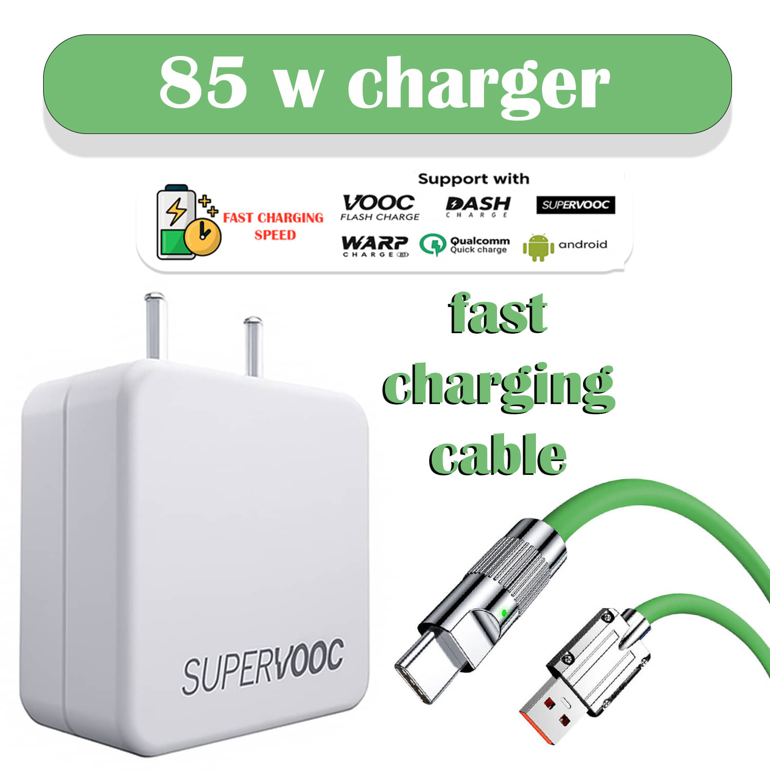     			85W SuperVOOC Fast Charger with Type-C Cable, Compatible with VOOC, DASH, WARP, Qualcomm Quick Charge & Android Smartphones, High-Speed Power Adapter for Rapid, Safe & Reliable Charging Anywhere
