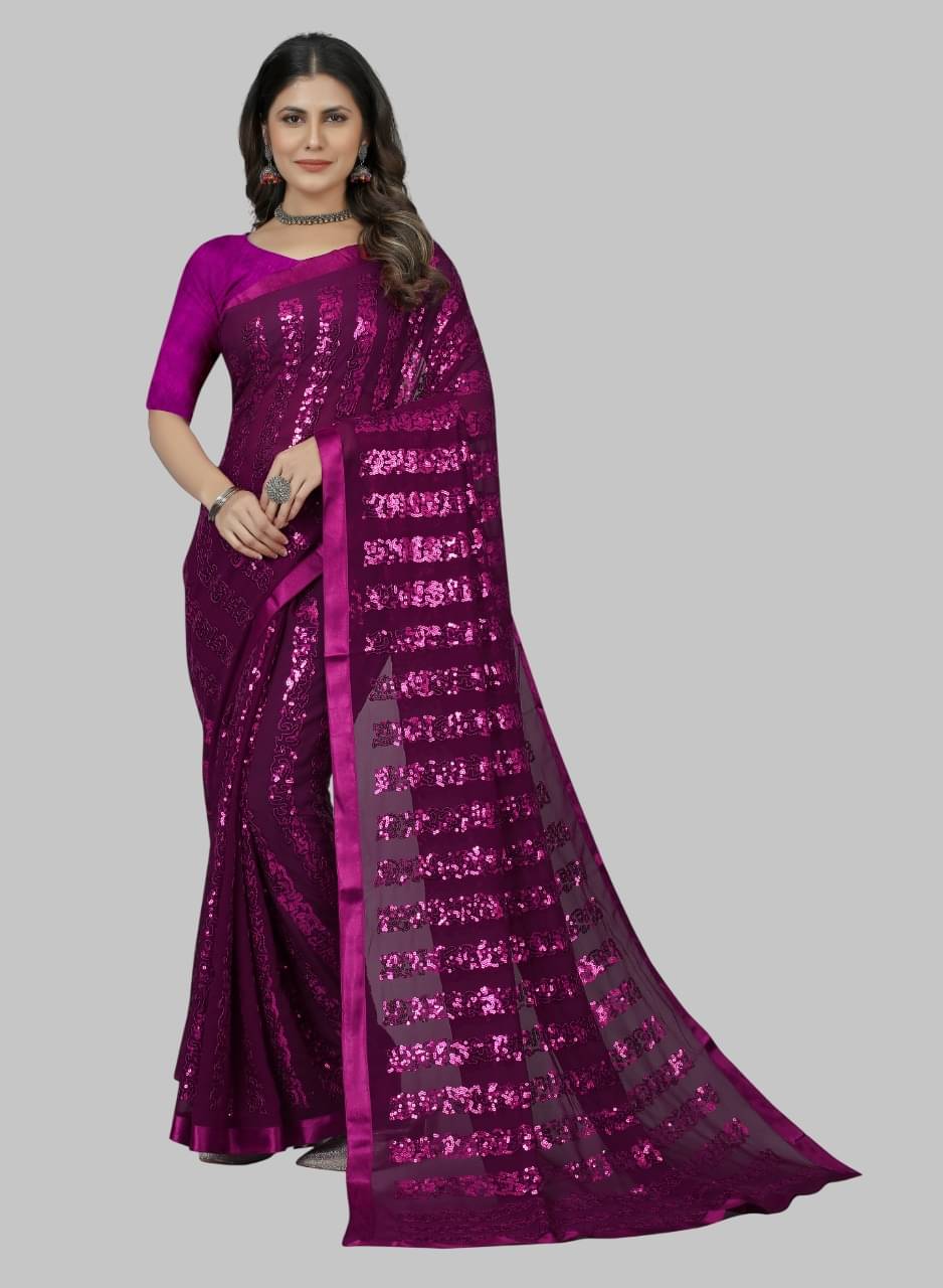 Aika Georgette Embroidered Regular Saree With Unstitched Blouse Piece ( Purple ) Aika Georgette Embroidered Regular Saree With Unstitched Blouse Piece ( Purple )