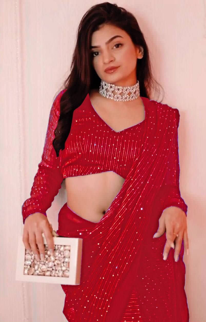 Aika Georgette Embroidered Regular Saree With Unstitched Blouse Piece ( Red ) - Sarees | Buy online on ZillyBuy