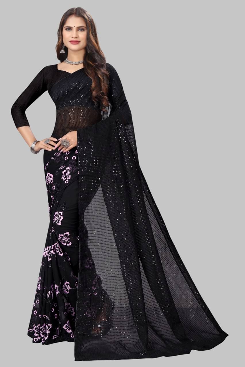     			Aika Georgette Embroidered Regular Saree With Unstitched Blouse Piece ( Black )