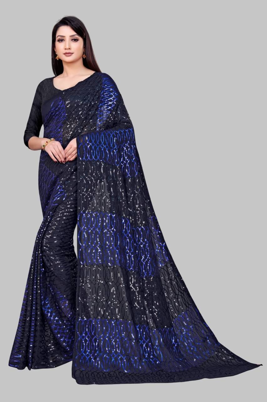     			Aika Georgette Embroidered Regular Saree With Unstitched Blouse Piece ( Blue )