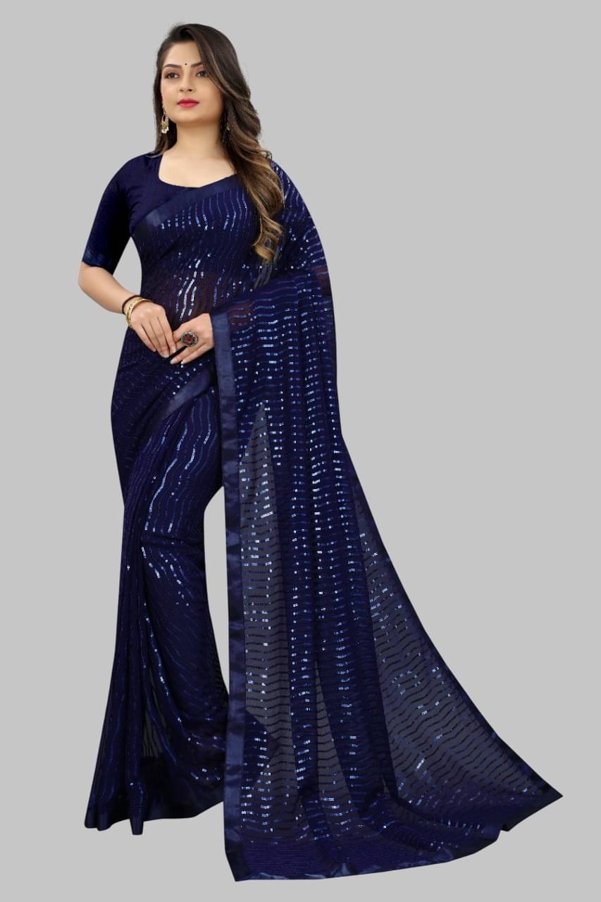     			Aika Georgette Embroidered Regular Saree With Unstitched Blouse Piece ( Navy Blue )