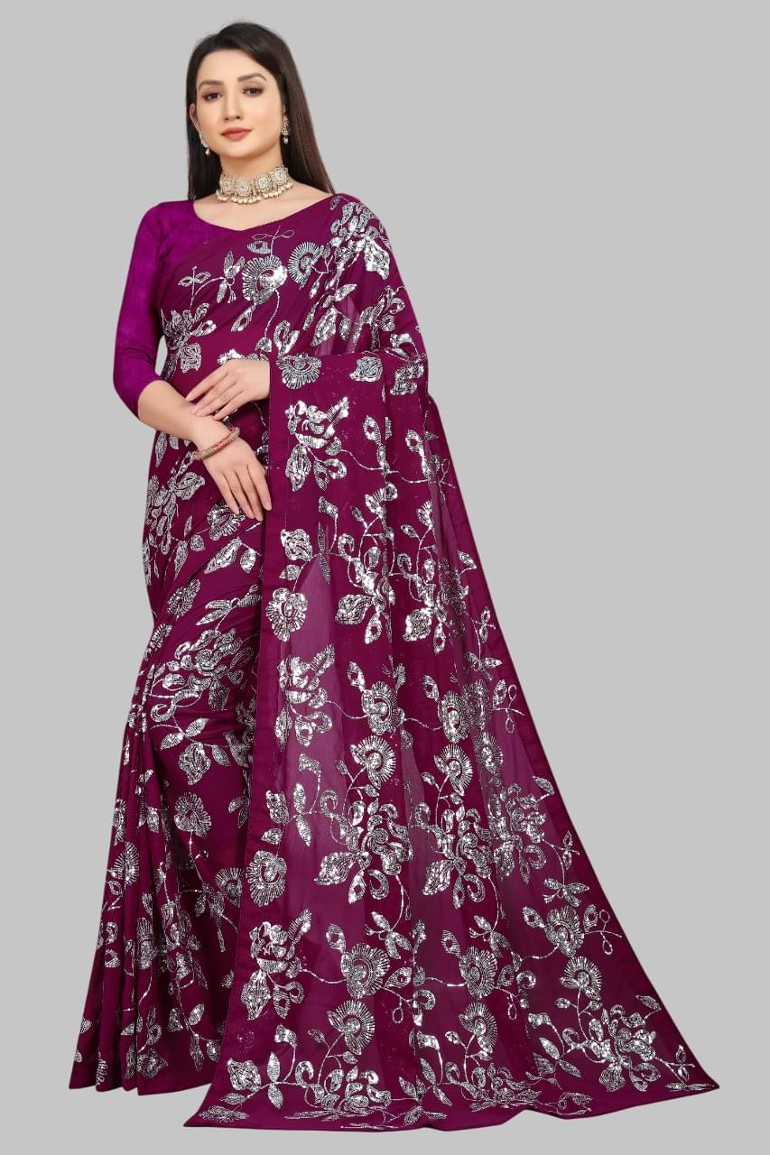     			Aika Georgette Embroidered Regular Saree With Unstitched Blouse Piece ( Purple )