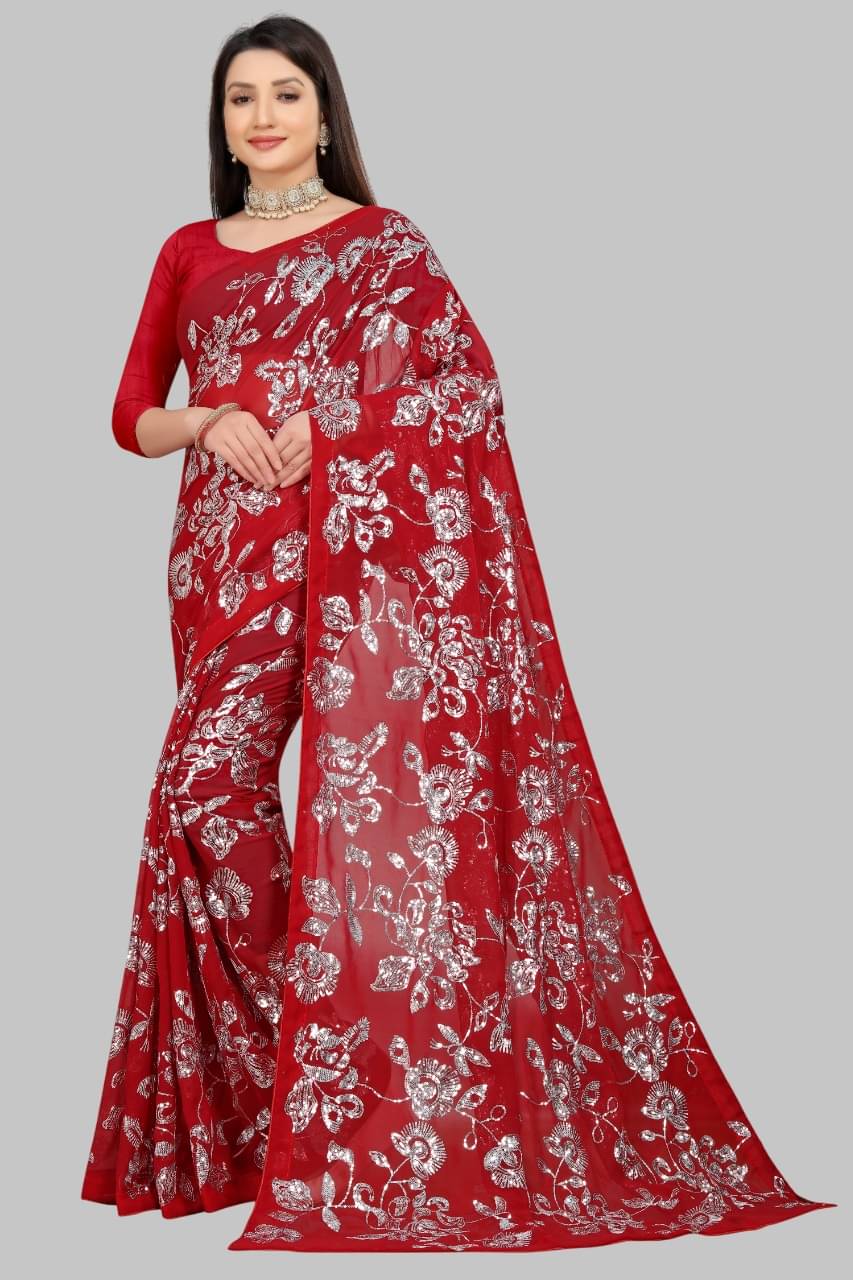 Aika Georgette Embroidered Regular Saree With Unstitched Blouse Piece ( Red )     			Aika Georgette Embroidered Regular Saree With Unstitched Blouse Piece ( Red )