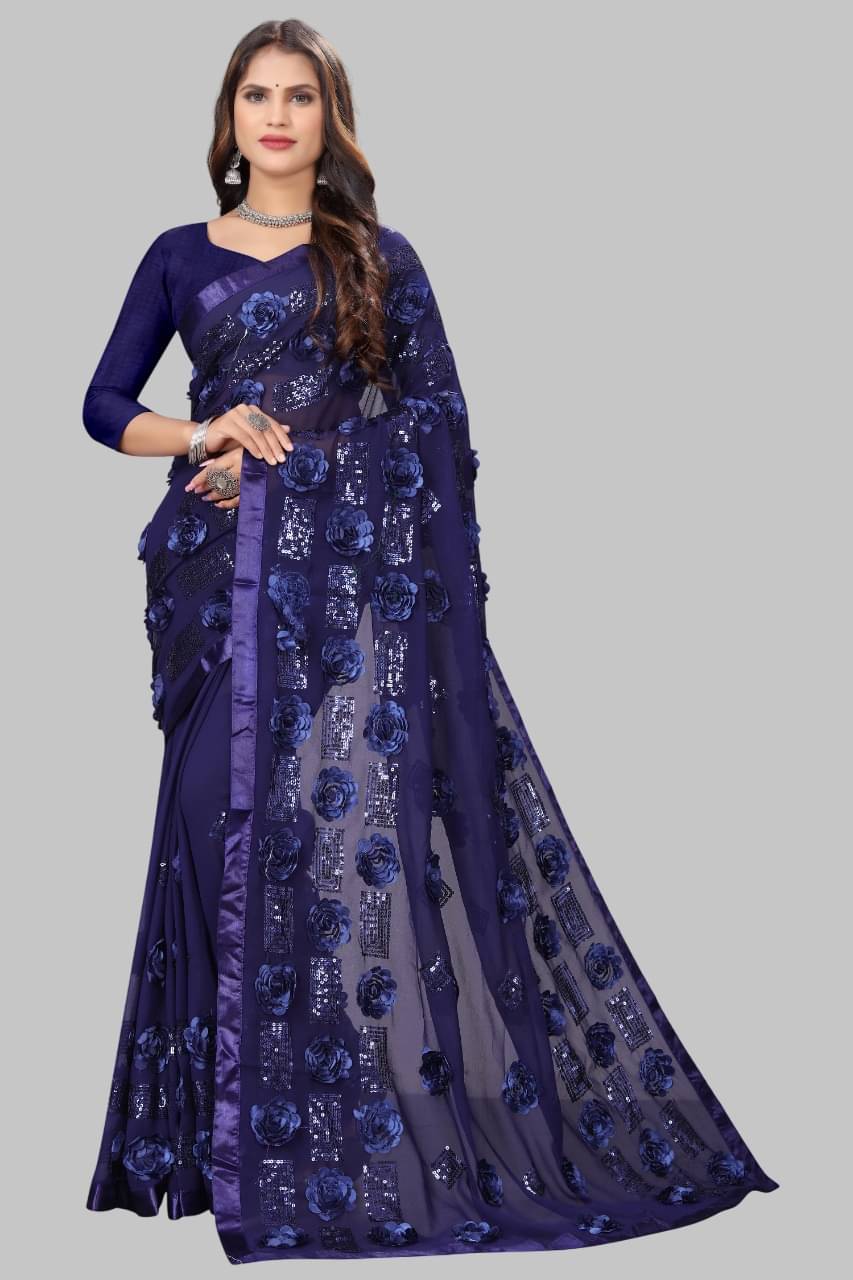 Aika Georgette Embroidered Regular Saree With Unstitched Blouse Piece ( Navy Blue ) Aika Georgette Embroidered Regular Saree With Unstitched Blouse Piece ( Navy Blue )