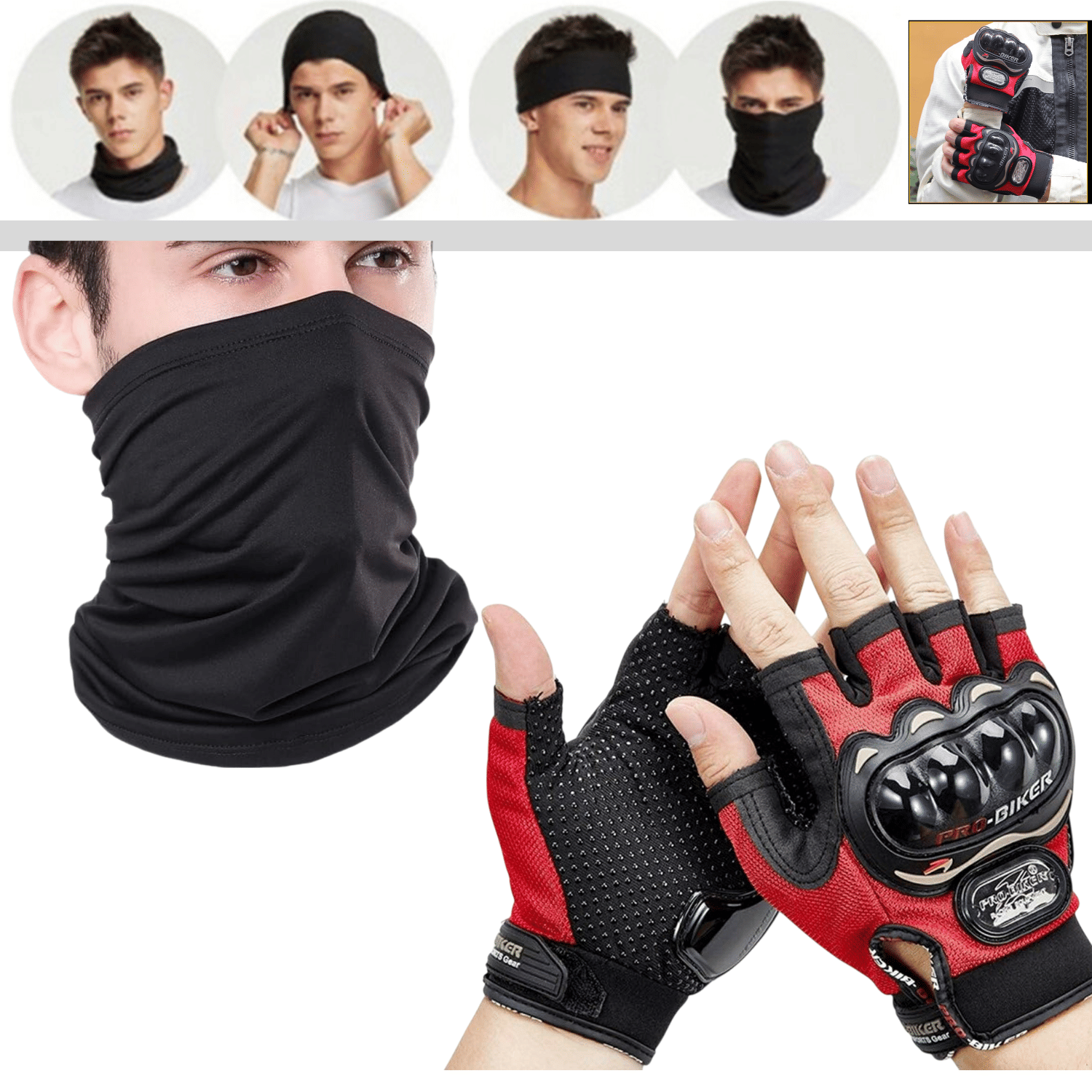     			Aksmit Pack 2 Products Bandana Mask Super Soft | Probiker Half Finger Gloves For Riding, Outdoor, Sport Best Riding Combo