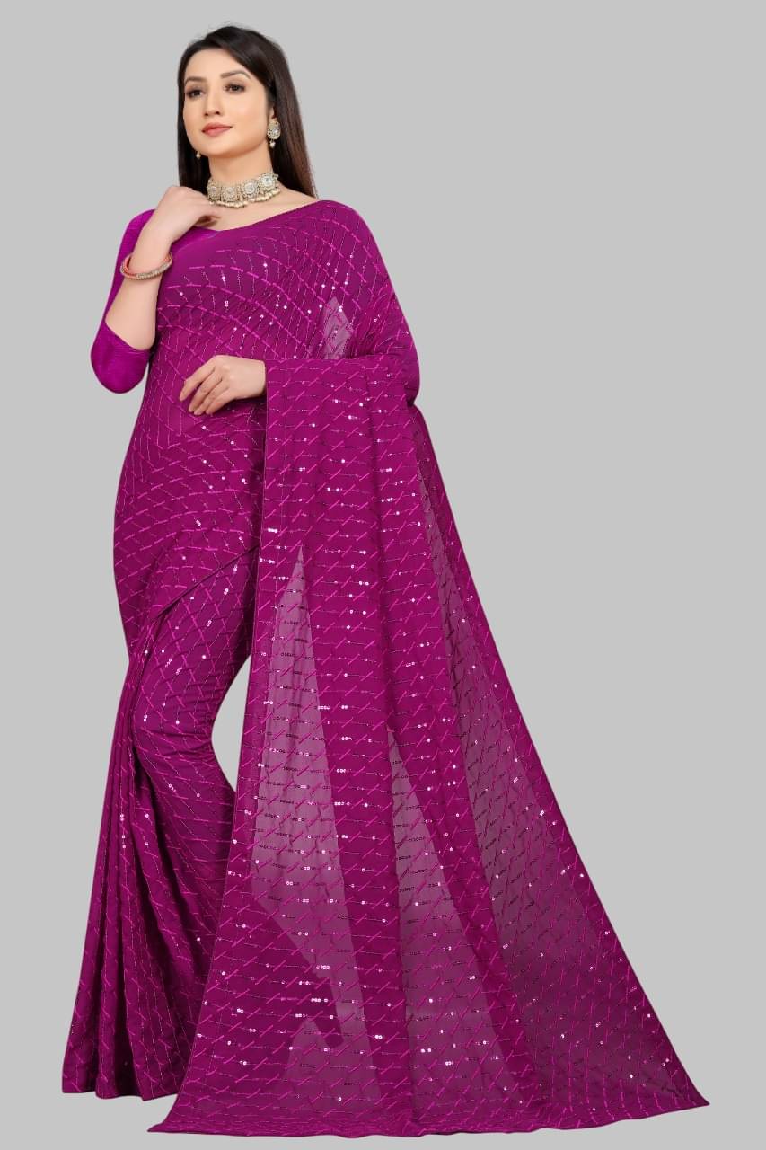 Apnisha Georgette Embroidered Regular Saree With Unstitched Blouse Piece ( Rani )     			Apnisha Georgette Embroidered Regular Saree With Unstitched Blouse Piece ( Rani )