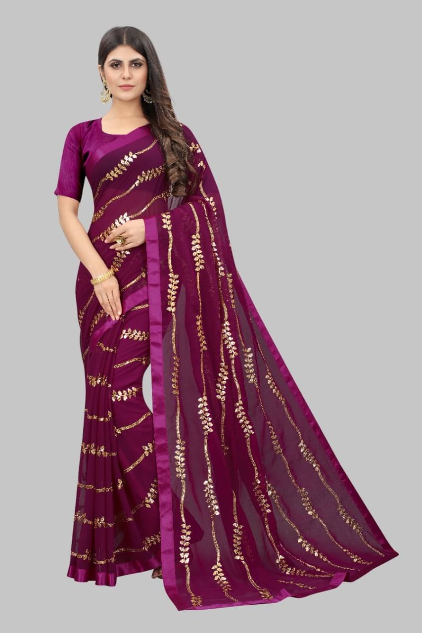     			Apnisha Georgette Embroidered Regular Saree With Unstitched Blouse Piece ( Purple )