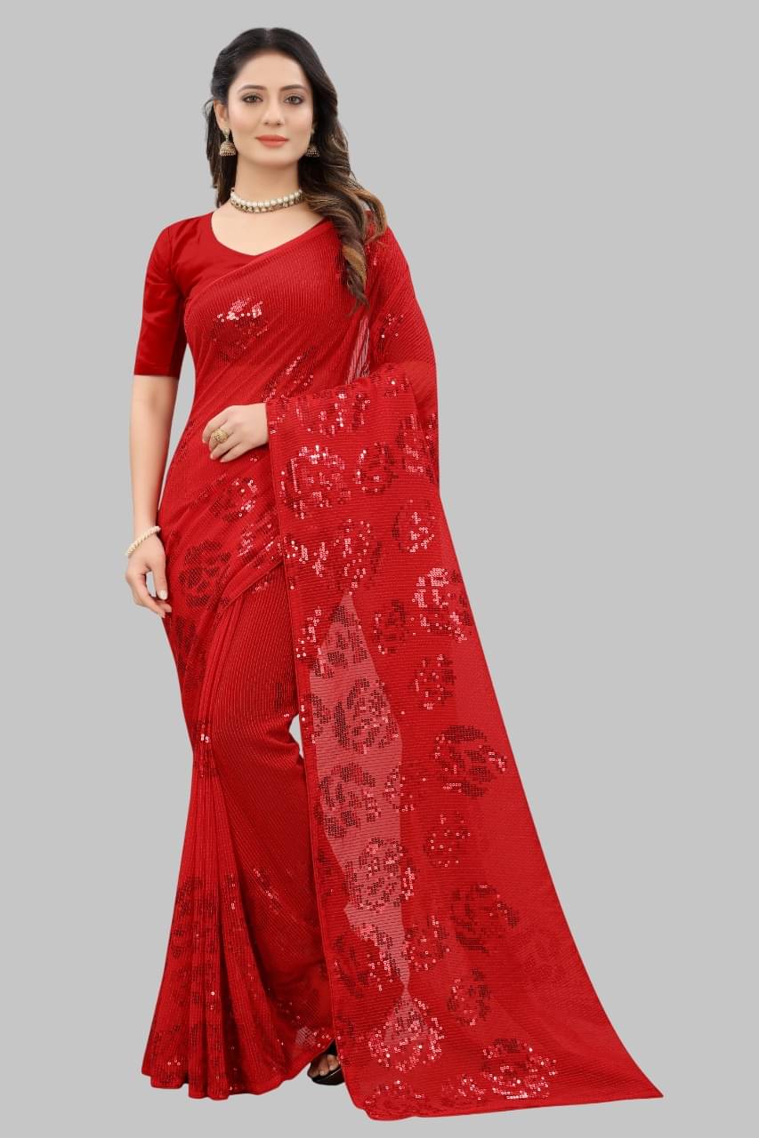    			Apnisha Georgette Embroidered Regular Saree With Unstitched Blouse Piece ( Red )