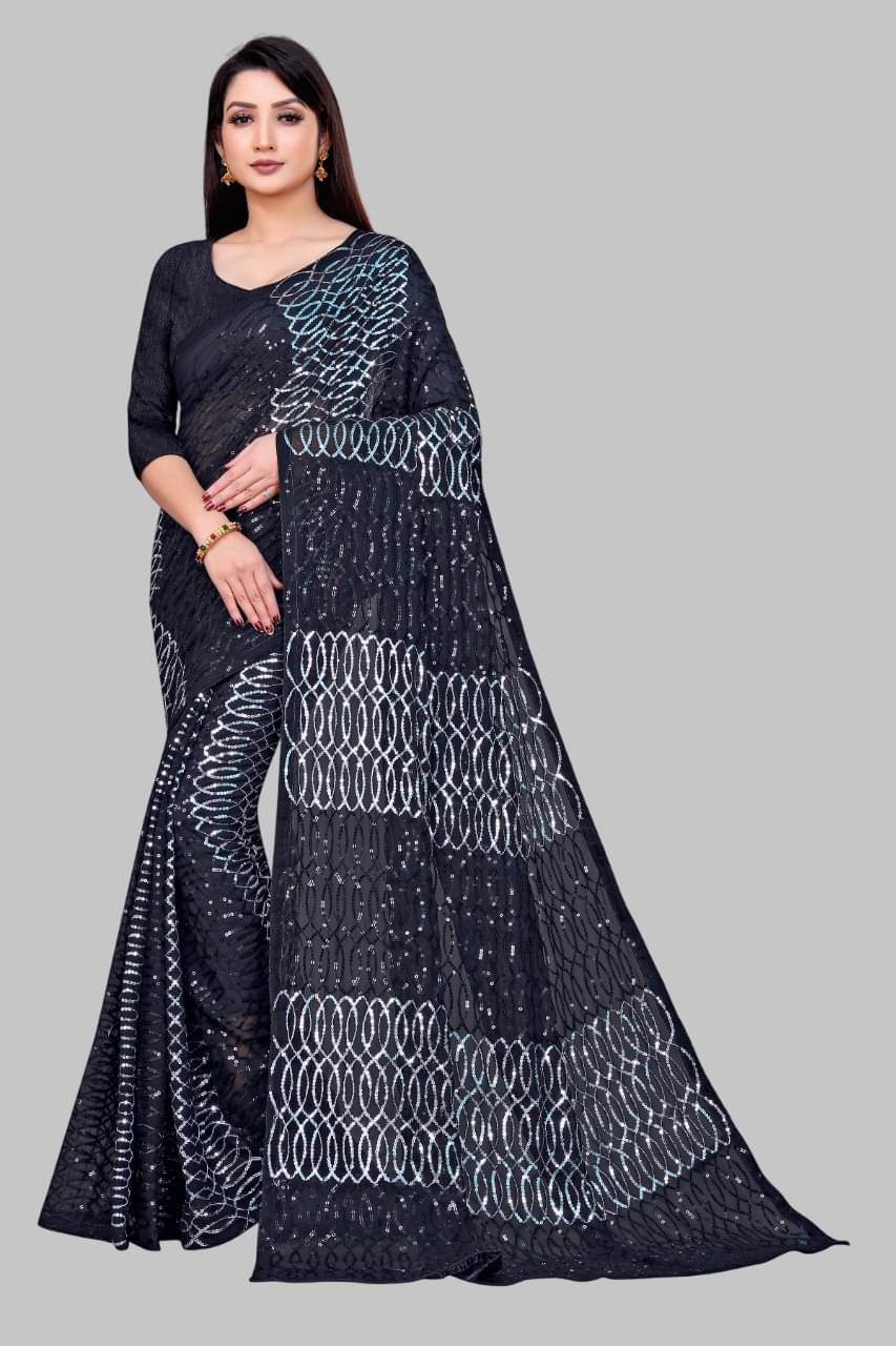     			Apnisha Georgette Embroidered Regular Saree With Unstitched Blouse Piece ( Black )