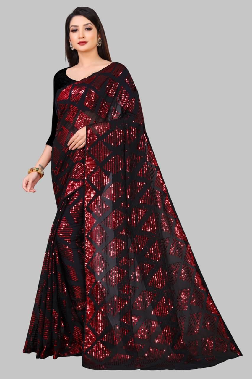     			Apnisha Georgette Embroidered Regular Saree With Unstitched Blouse Piece ( Red )